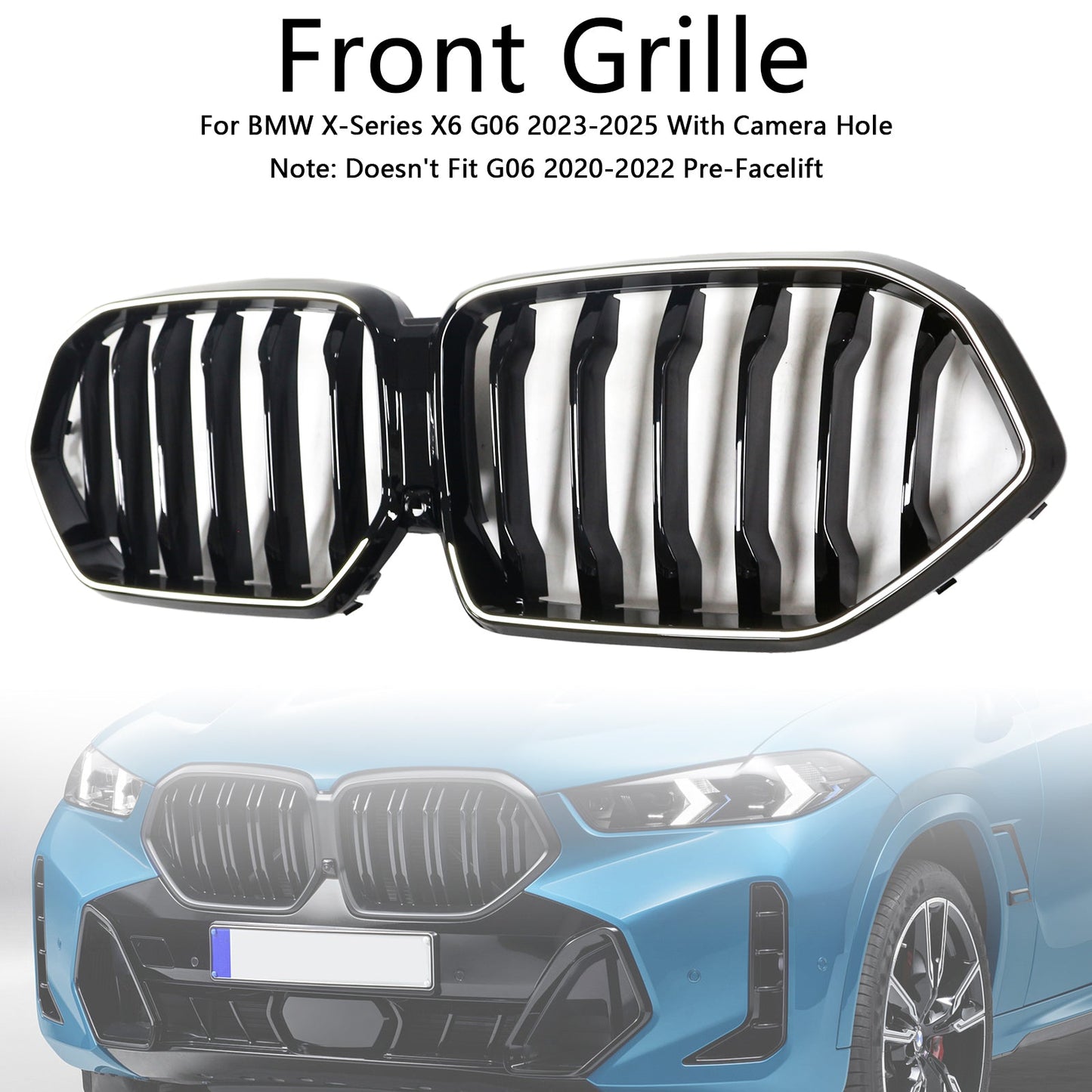2023-2025 BMW X6 G06 M60i W/Camera Hole Black Front Bumper Grille Grill