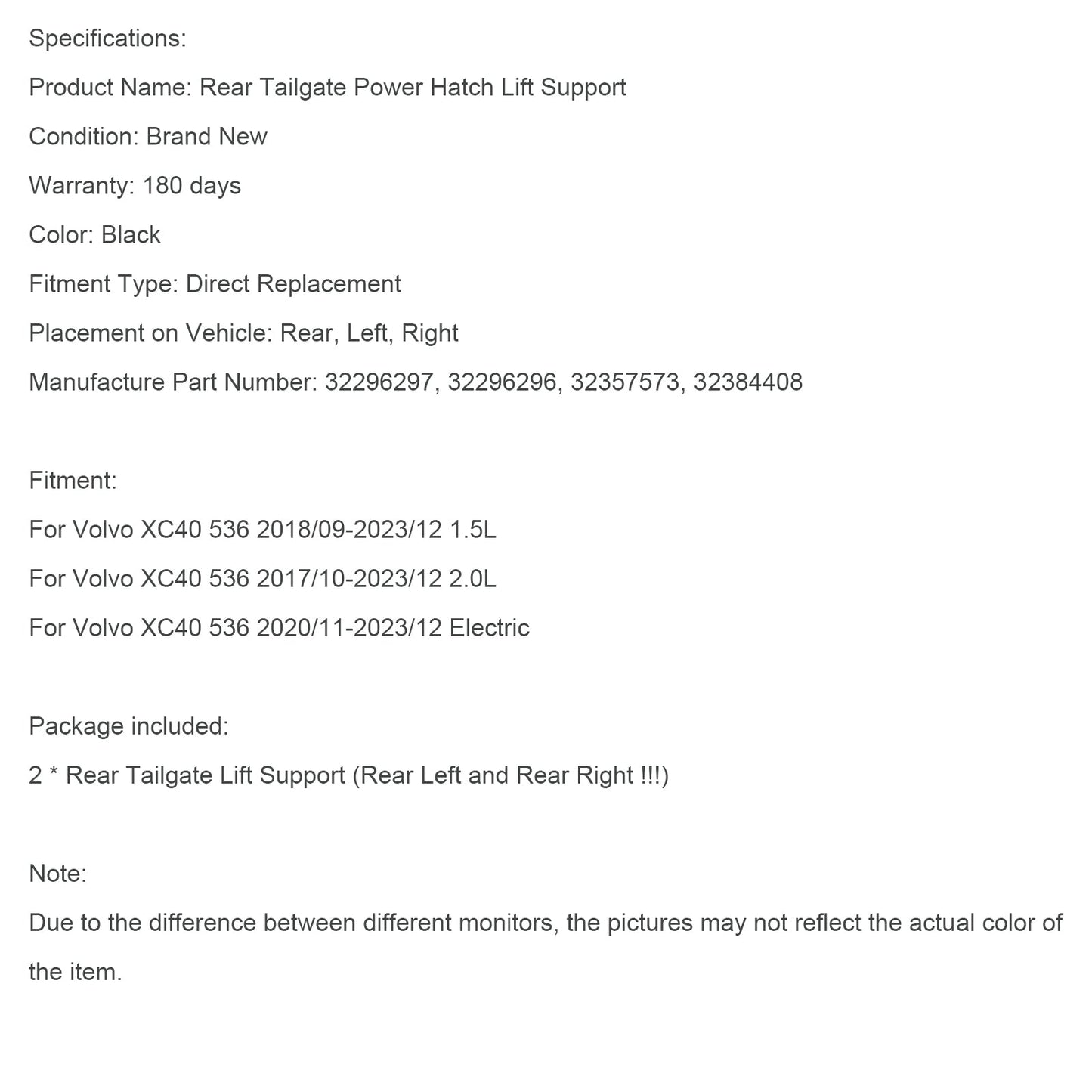 2018/09-2023/12 Volvo XC40 536 1.5L 2PCS Rear Electric Tailgate Gas Strut 32296296