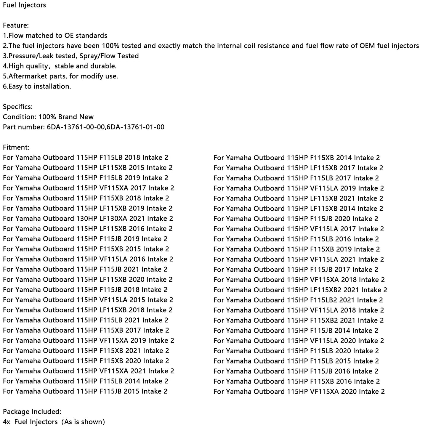 4PCS Fuel Injector 6DA-13761-01 For Yamaha Outboard 150 175 200 HP 6DA-13761-00-00