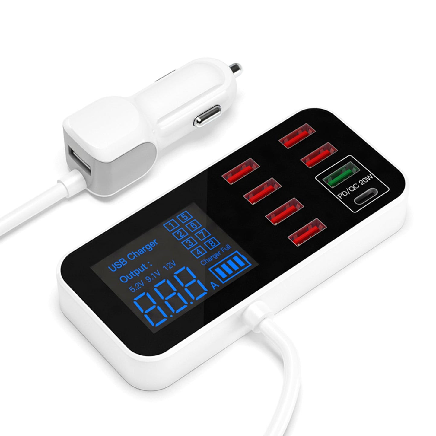 USB Charger PD5V1A QC3.0 Display Small Car 8 Port Car Charger Cigarette Lighter