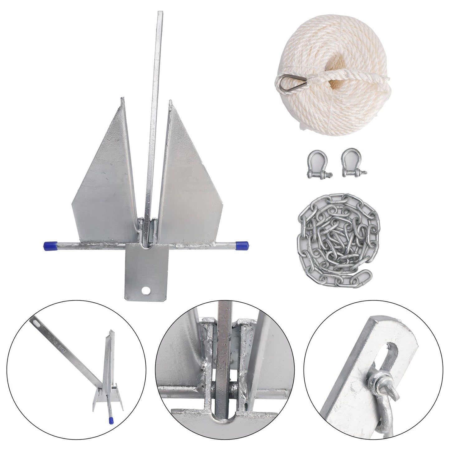 Kit Galvanized Boat Anchor 13Lbs Sliding Anchor & Chain & Rope Silver For Boat 13lbs