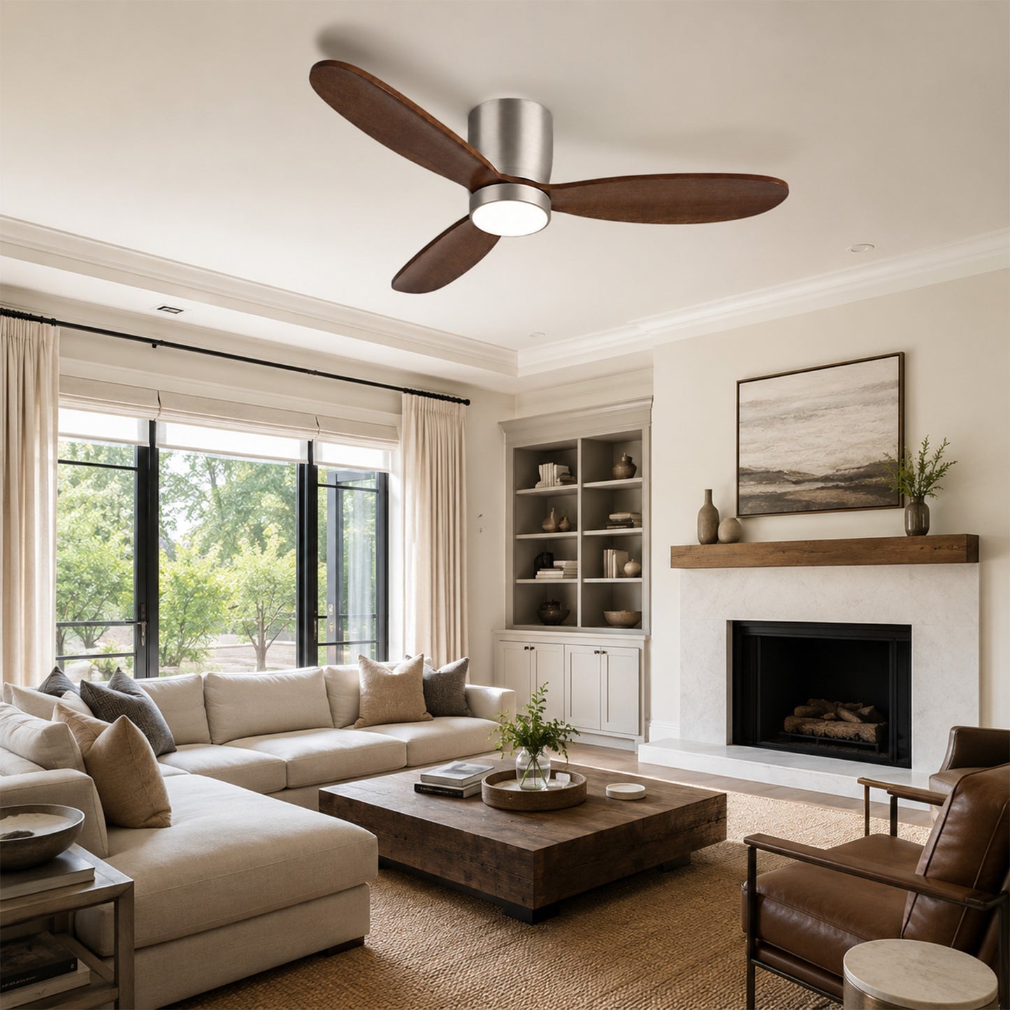 52" Flush Mount Ceiling Fan with Light APP & Remote Control Solid Wood Blades