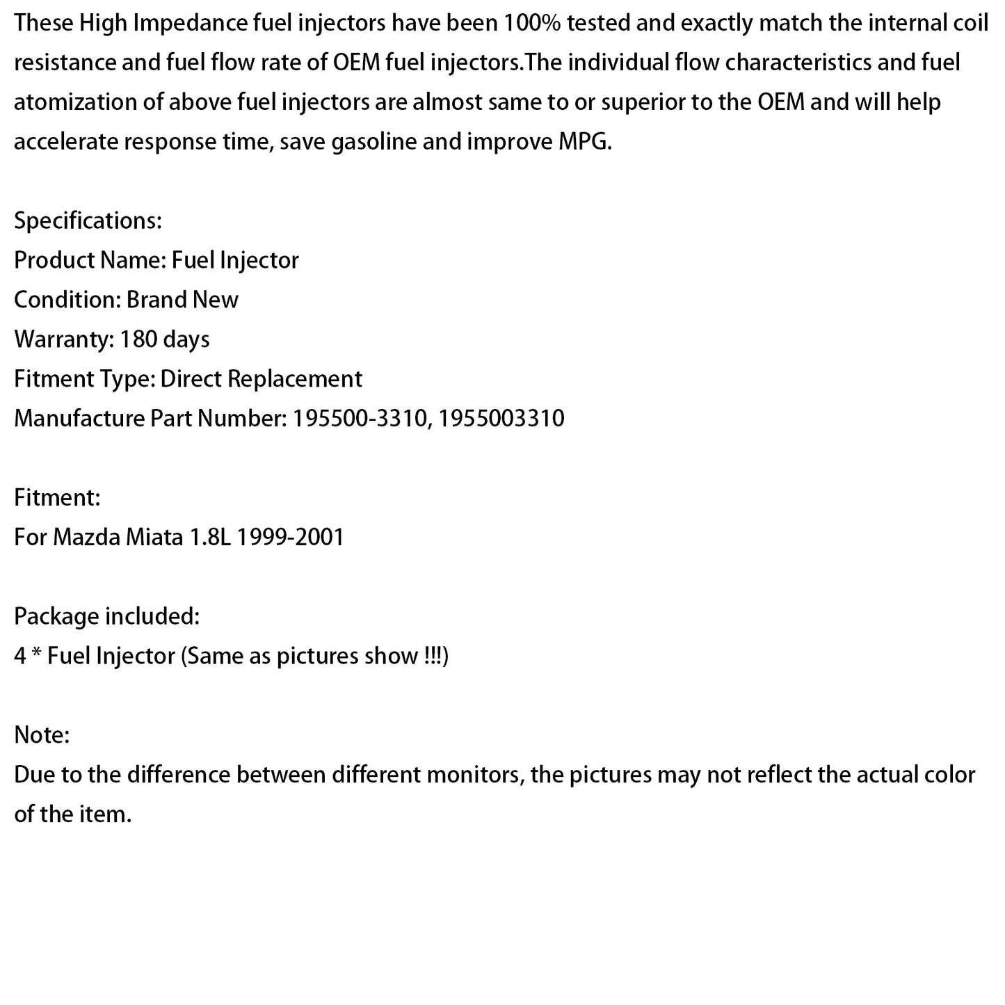 1999-2001 Mazda Miata 1.8L 4PCS Fuel Injector 195500-3310 1955003310