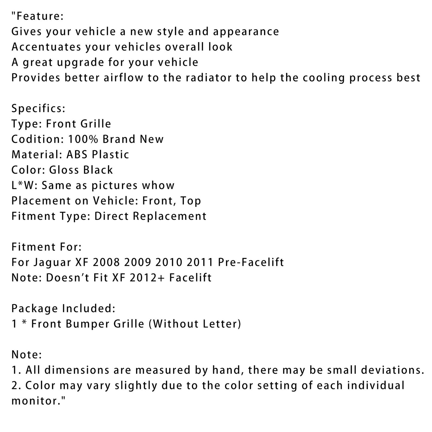 2008-2011 Jaguar XF XF-R Style Front Bumper Grill Grille Gloss Black