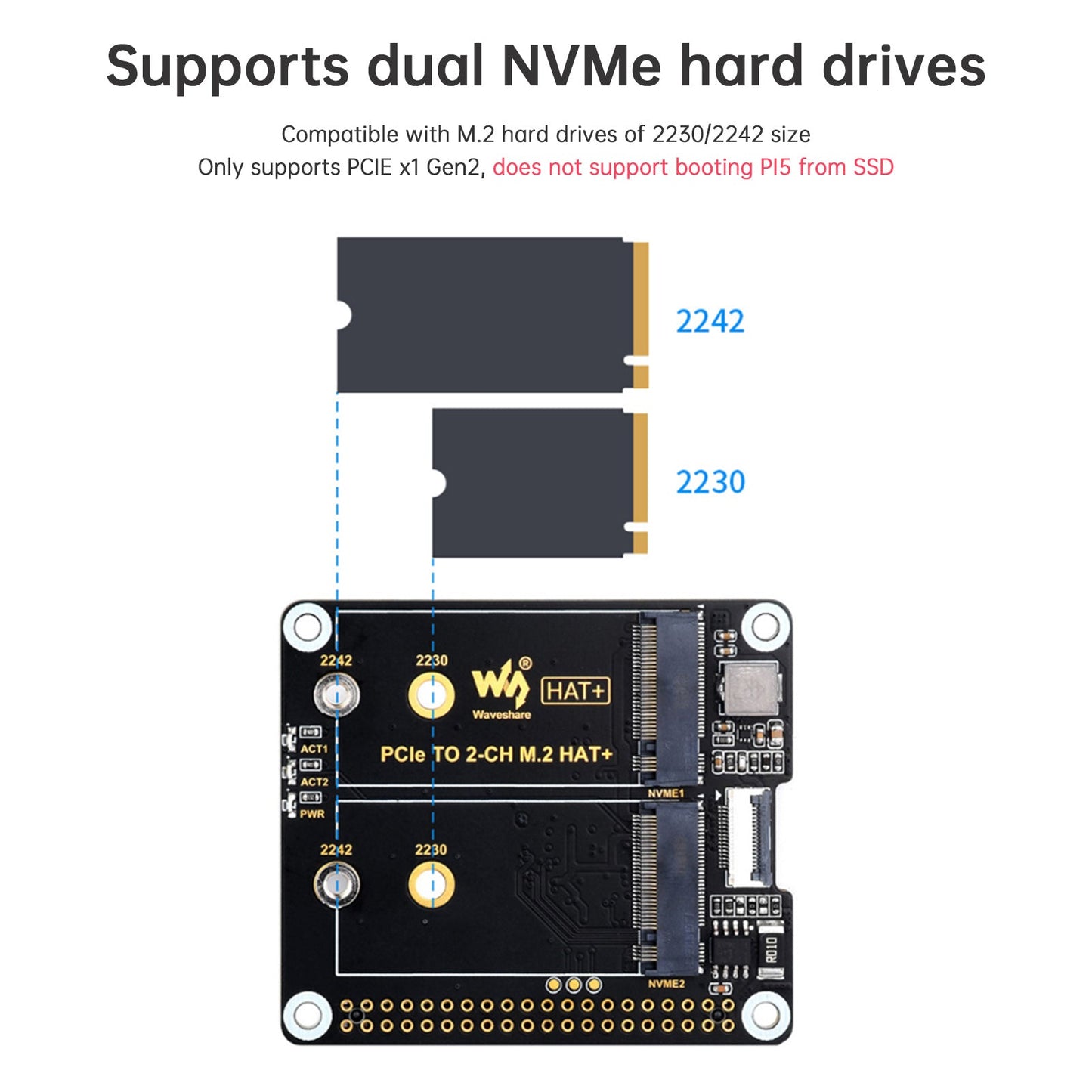 Raspberry Pi 5th Generation PCIe to Dual-Channel M.2 Adapter Board Dual M.2