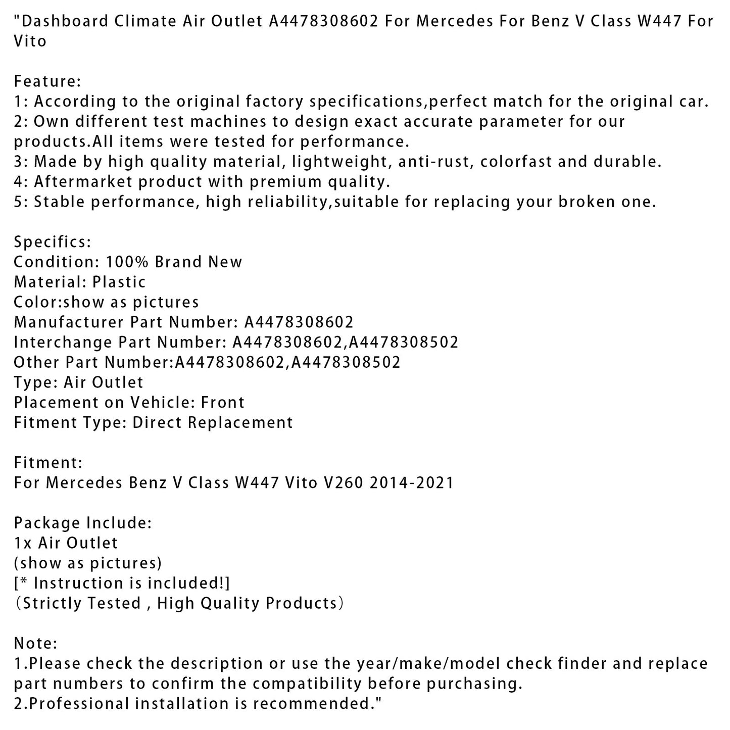 2014-2021 Mercedes Benz V Class W447 Vito Dashboard Climate Air Outlet A4478308602