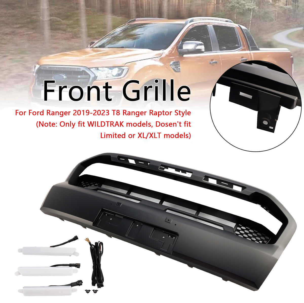 Ford Ranger 2019-2023 T8  W/LED Matt Black Ranger Raptor Style Front Bumper Grille