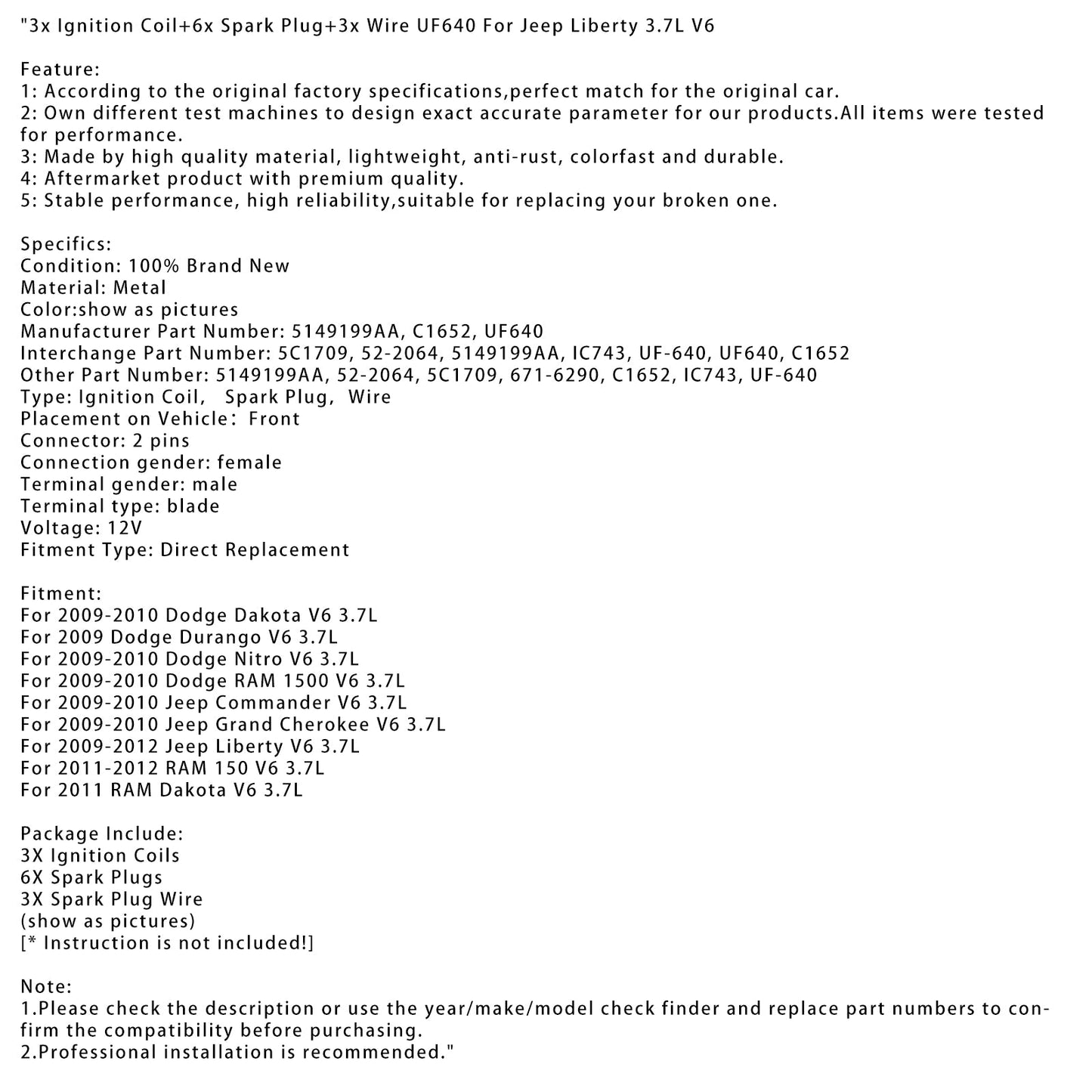 2009-2010 Dodge Dakota V6 3.7L 3x Ignition Coil+6x Spark Plug+3x Wire UF640
