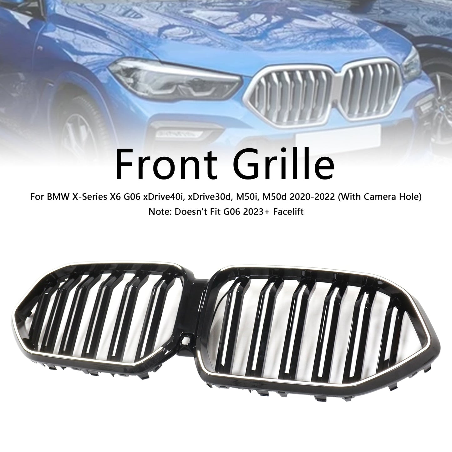 2020-2022 BMW X6 G06 M50i W/Camera Hole Gloss Black Front Bumper Grille