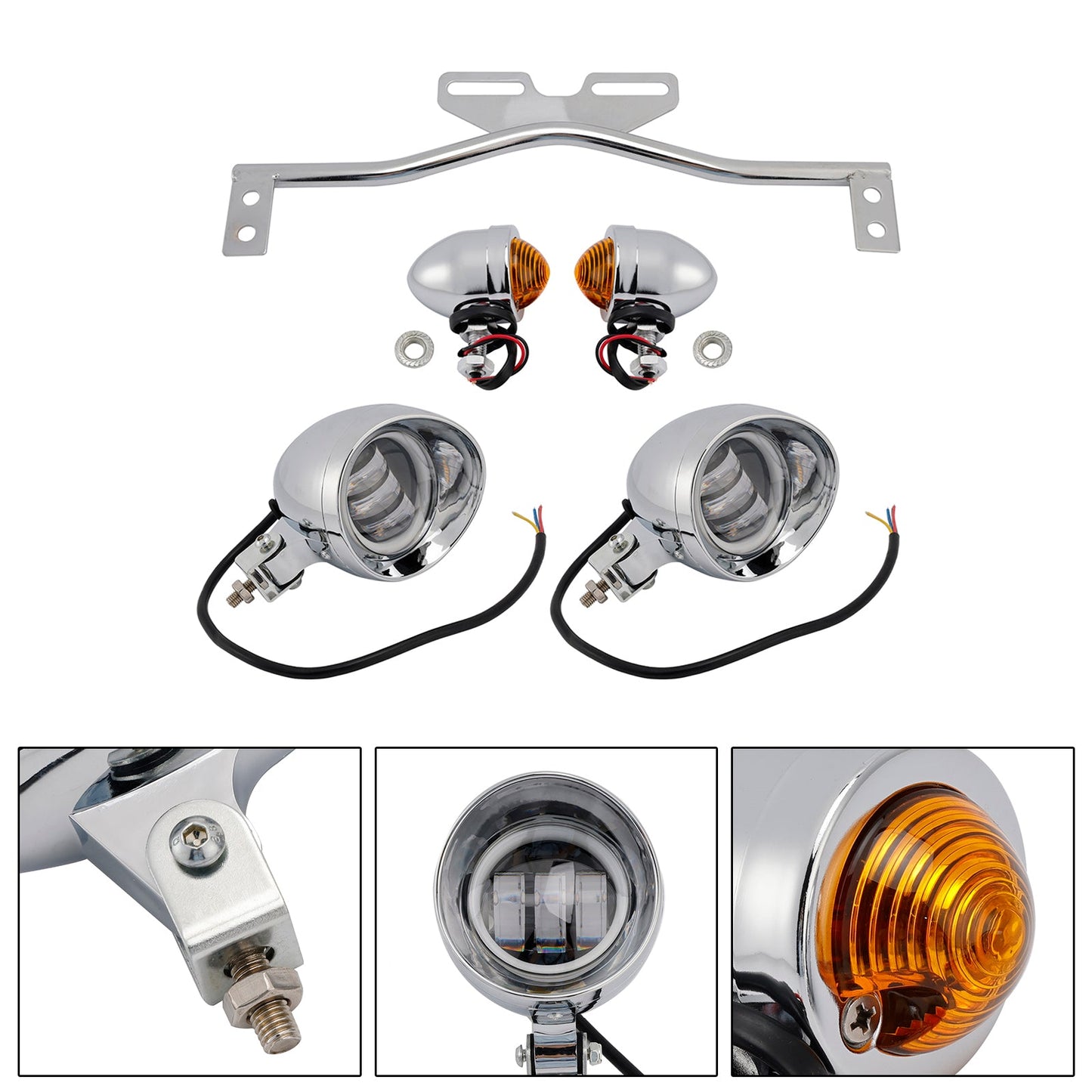 Motorcycle Beam Headlight Fog Lamp Custom Chrome #D21 For Racer Bobber Chopper