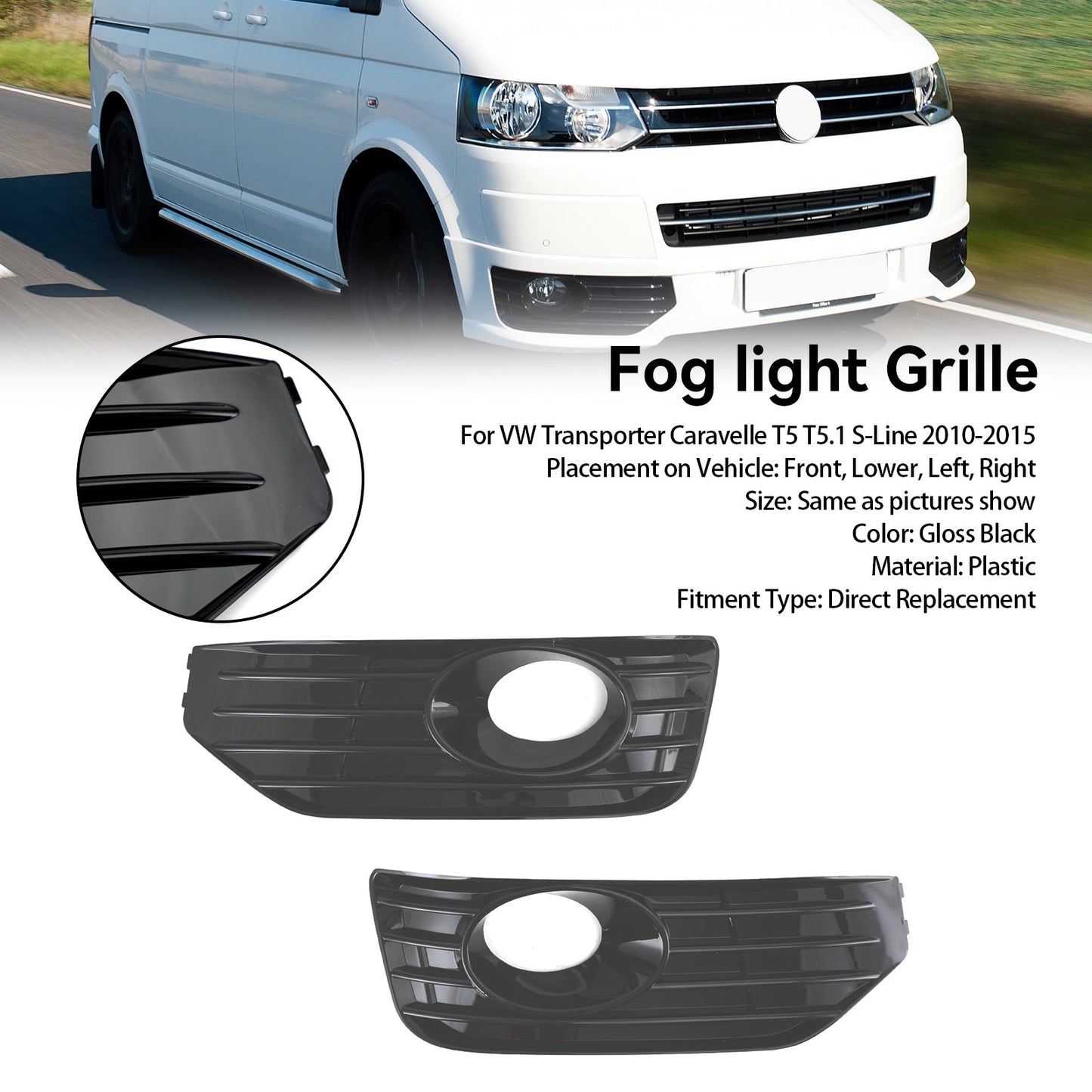 2010-2015 S-Line VW Transporter Caravelle T5 T5.1 Gloss Black Fog Lamp Light Cover Insert Grille