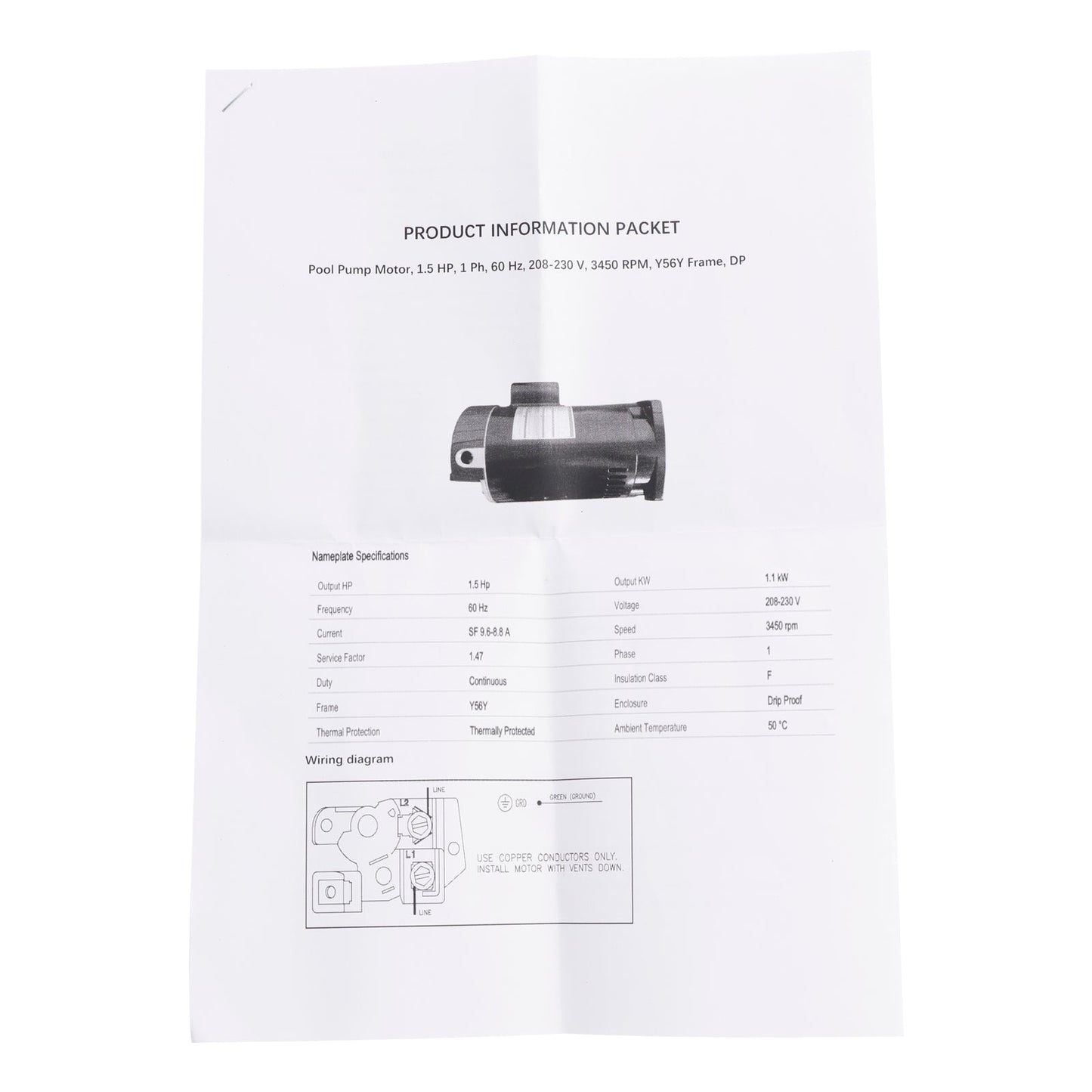 B2842 Swimming Pool Motor 1.5HP 230V 3450 RPM