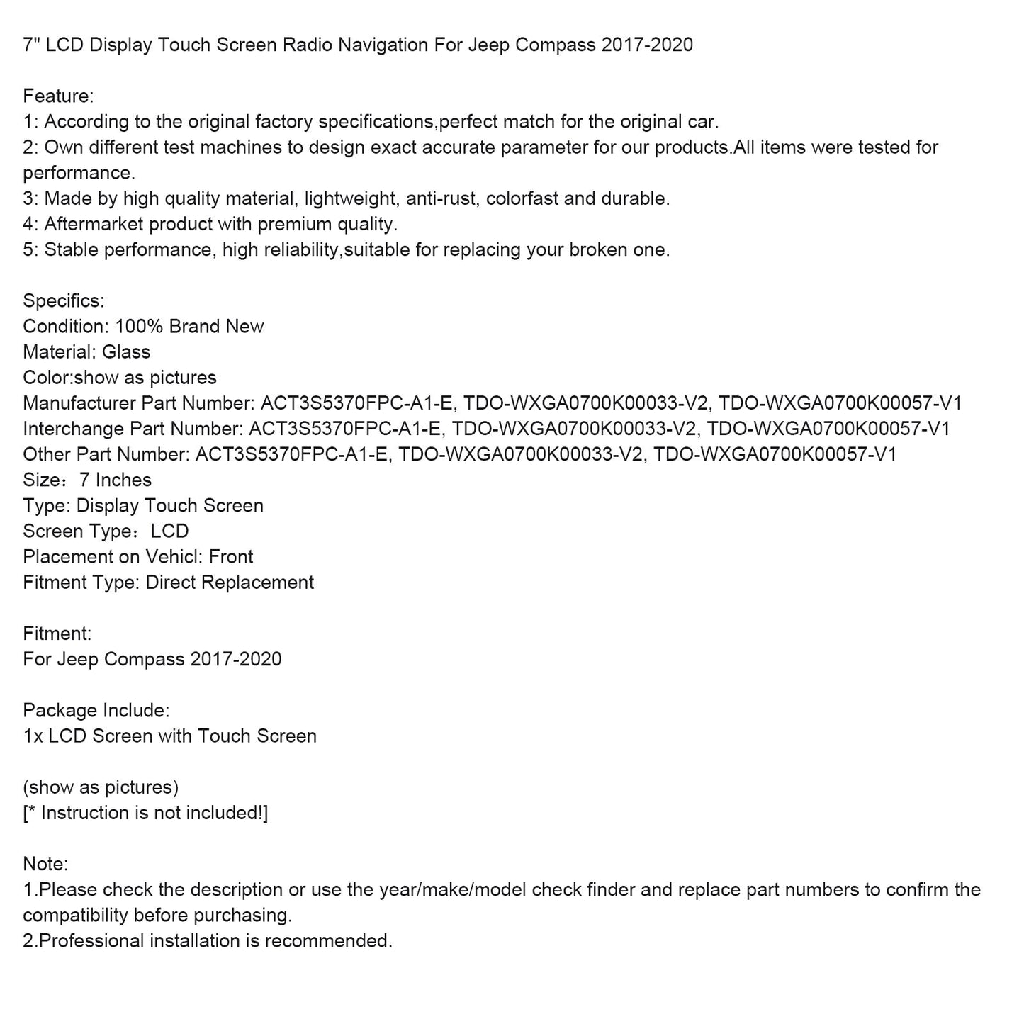 2017-2020 Jeep Compass 7" LCD Display Touch Screen Radio Navigation ACT3S5370FPC-A1-E