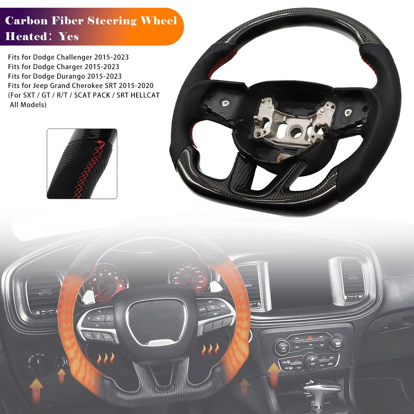 Carbon Fiber Heated Steering Wheel Fit Dodge Charger Challenger 2015-2023