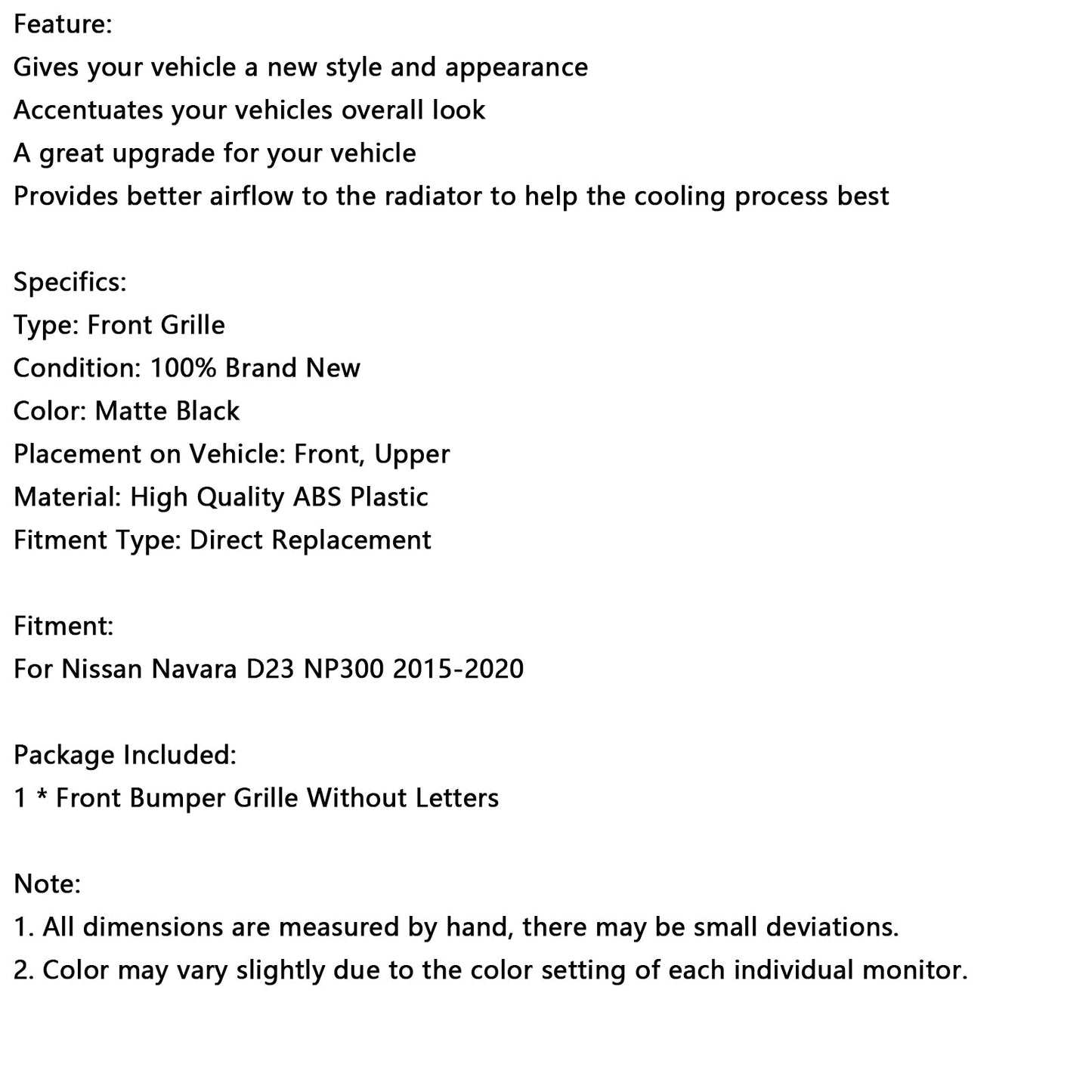 2015-2020 Nissan Navara NP300 D23 Matt Black Front Bumper Grill Grille