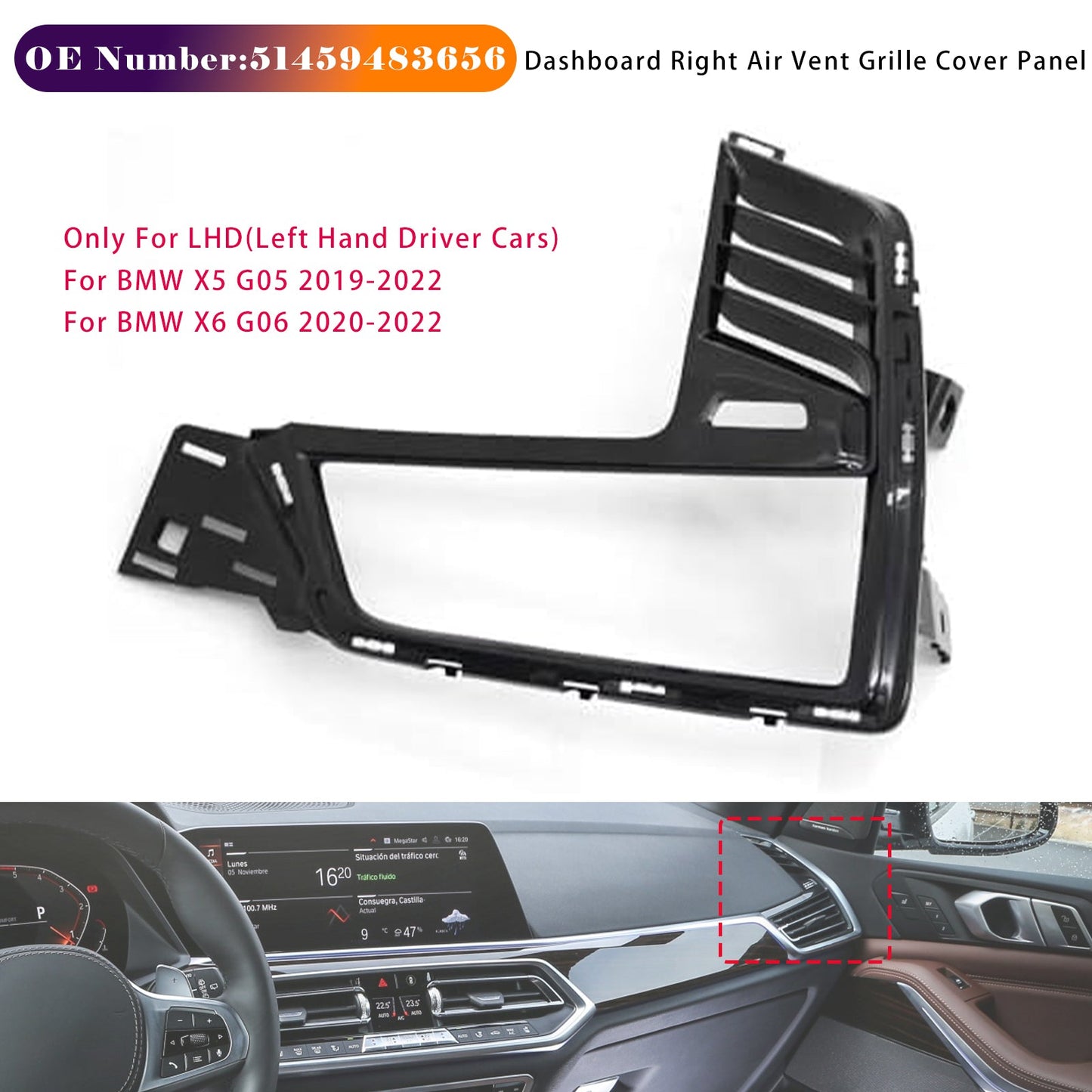 2019-2022 BMW X5 G05 Dashboard Right Air Vent Grille Cover Panel 51459483656