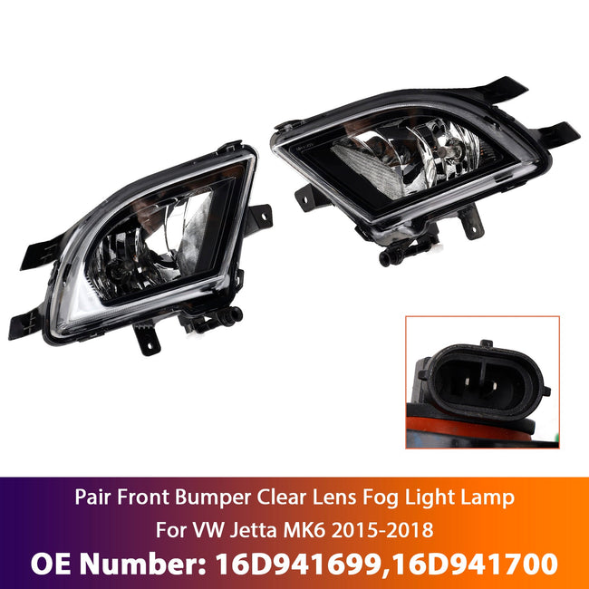 2015-2018 VW Volkswagen Jetta Pair Front Bumper Clear Lens Fog Light Lamp