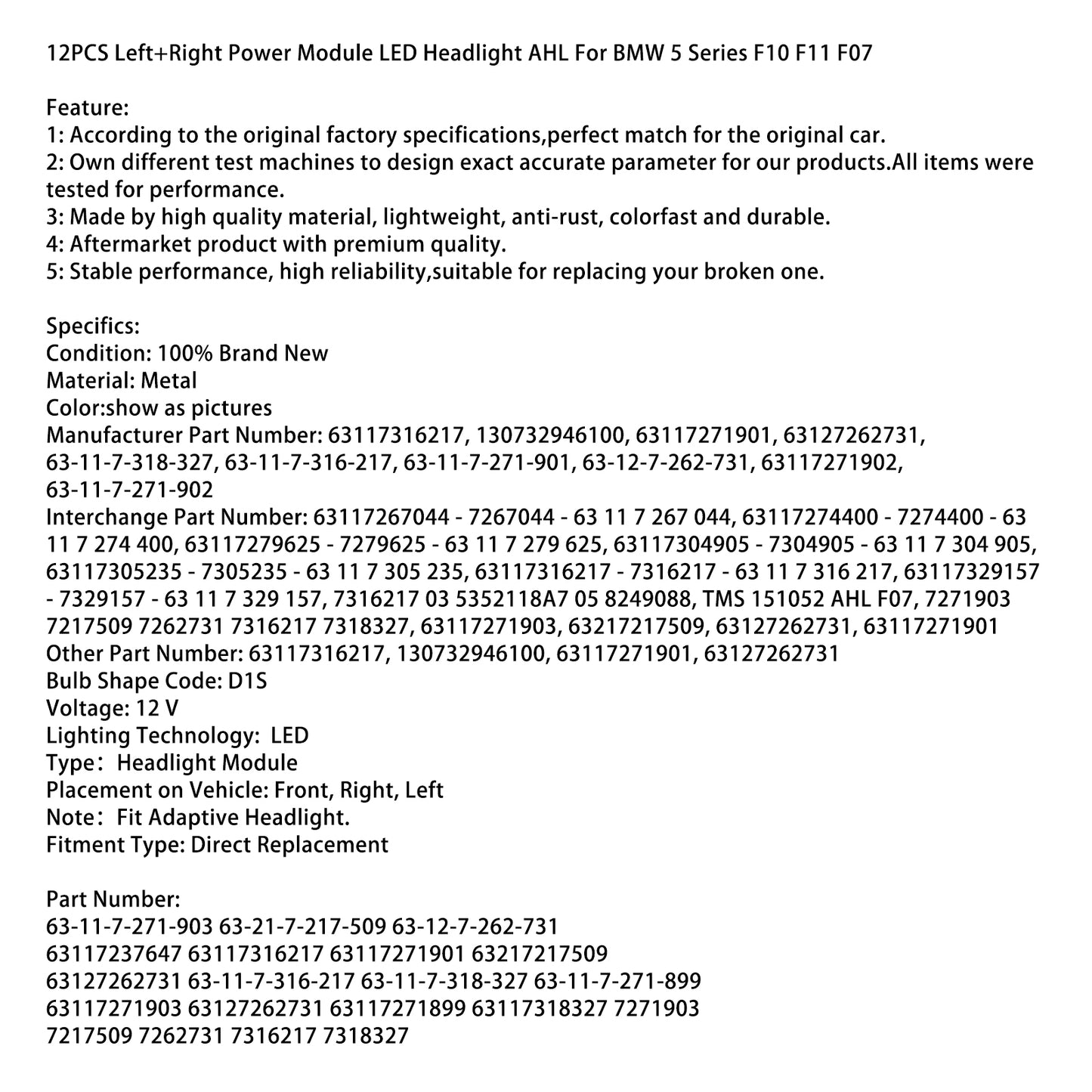 12PCS Left+Right Power Module LED Headlight AHL For BMW 5 Series F10 F11 F07