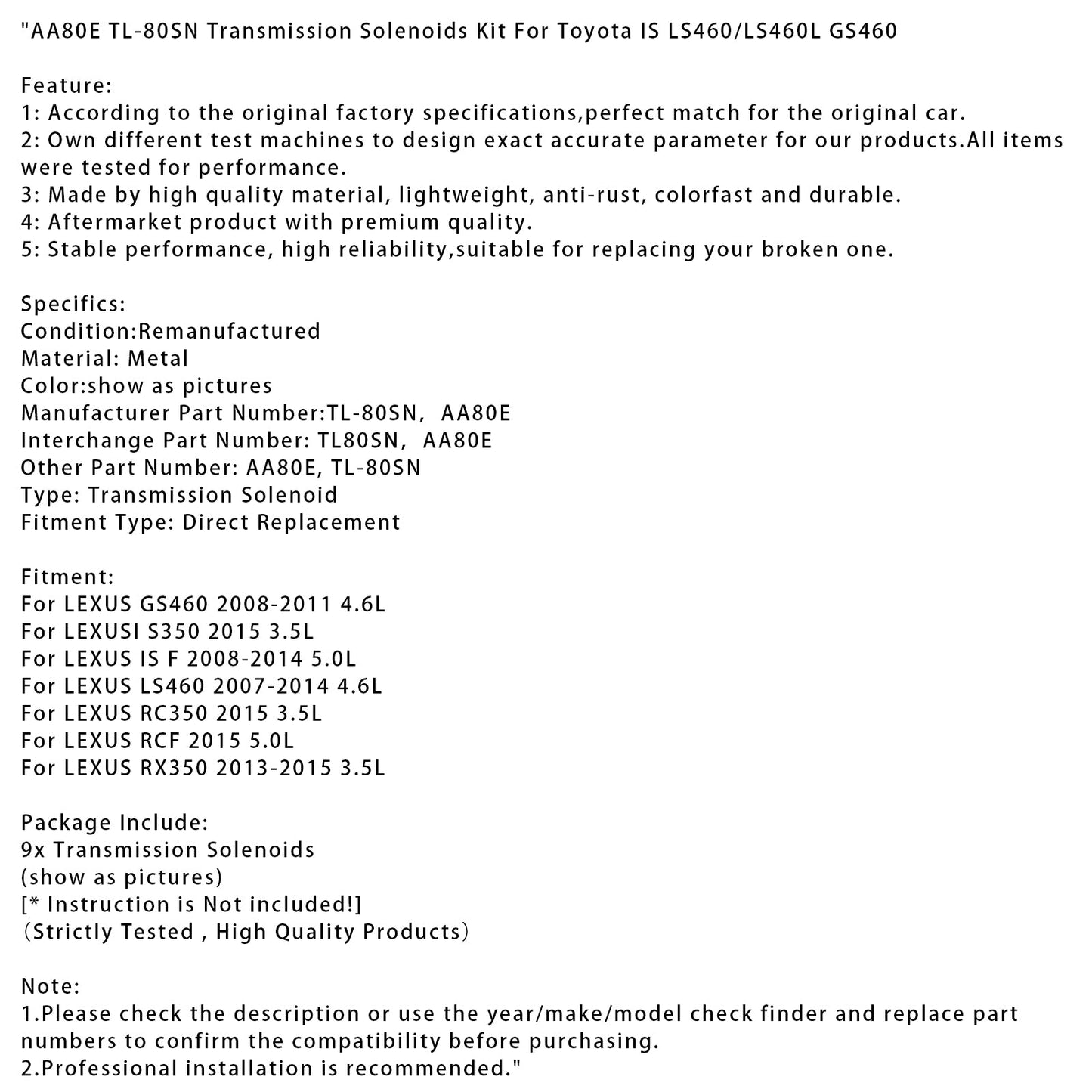 2013-2015 LEXUS RX350 3.5L AA80E TL-80SN Transmission Solenoids Kit