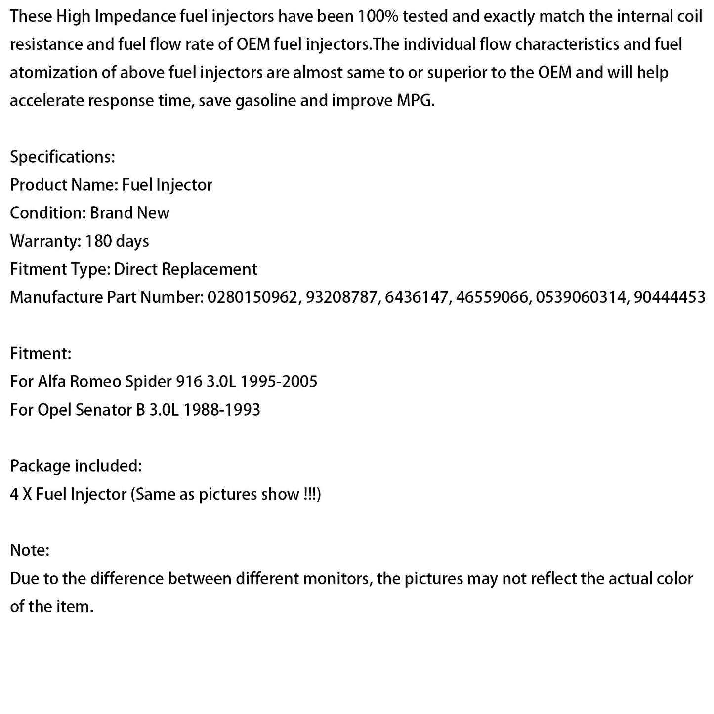4PCS Fuel Injector 0280150962 Fit Opel Senator B 3.0L 1988-1993 93208787