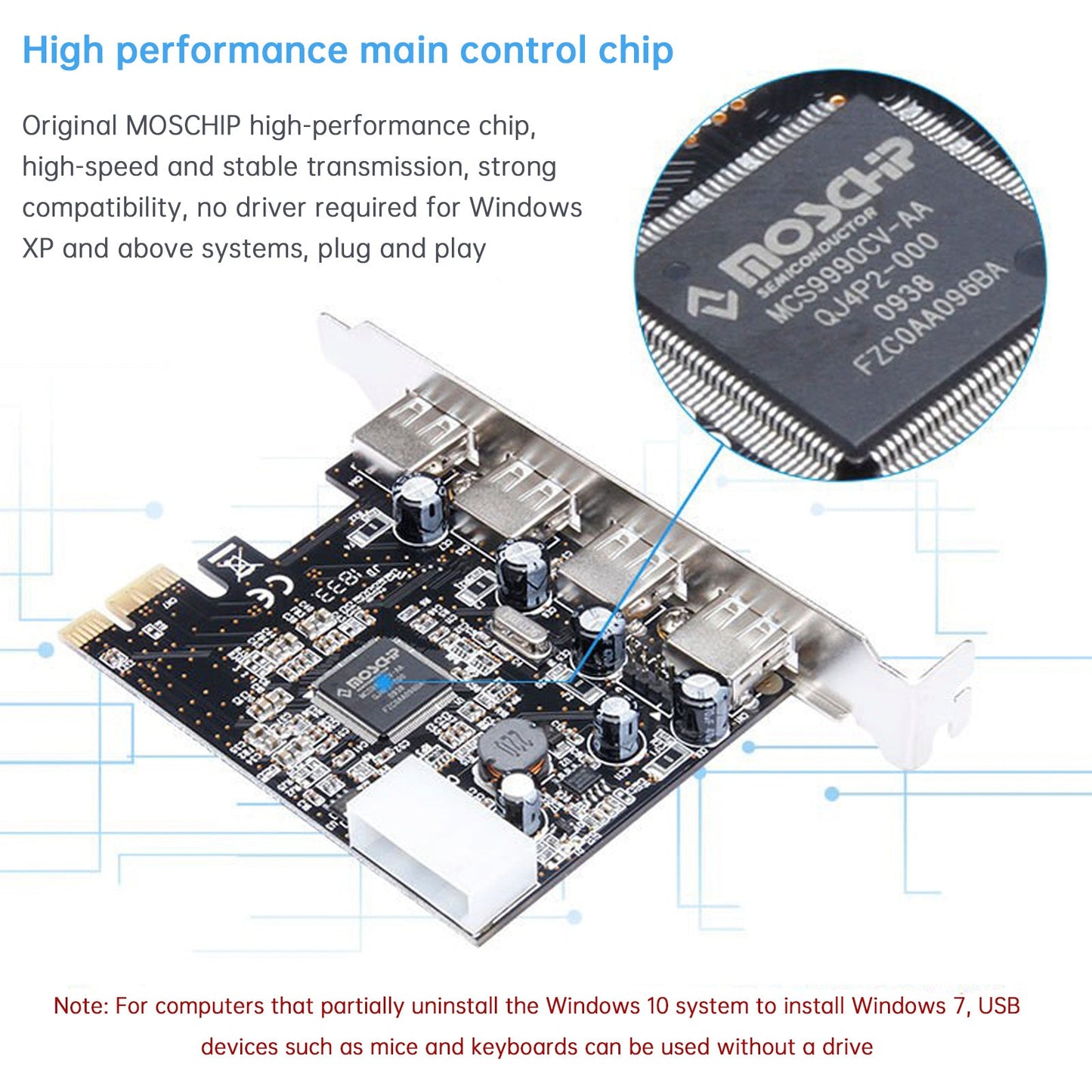 HUB 2.0 PCIE to USB 2.0 Expansion Card Moschip Adapter Card 4PIN Power Supply
