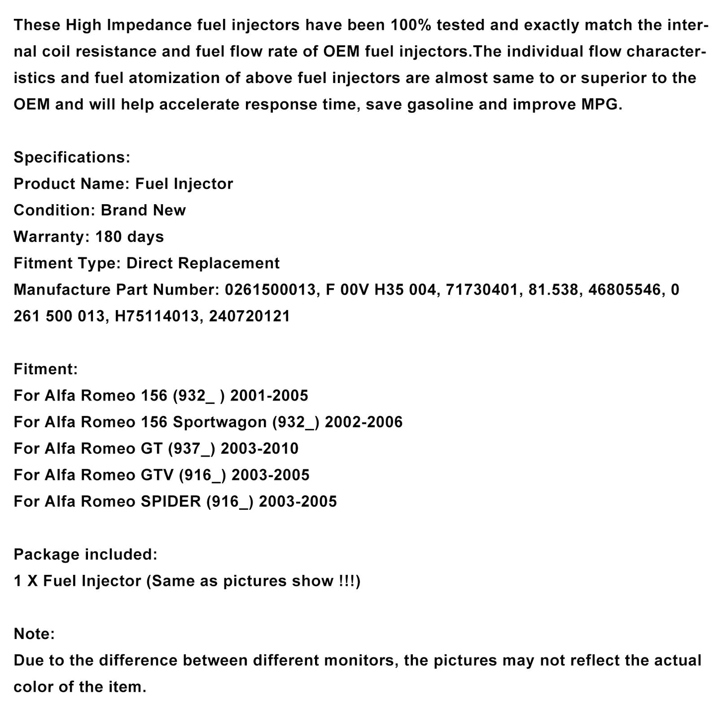 1PCS Fuel Injector 0261500013 Fit Alfa Romeo 156 932 GT 937 GTV Spider 916 2.0