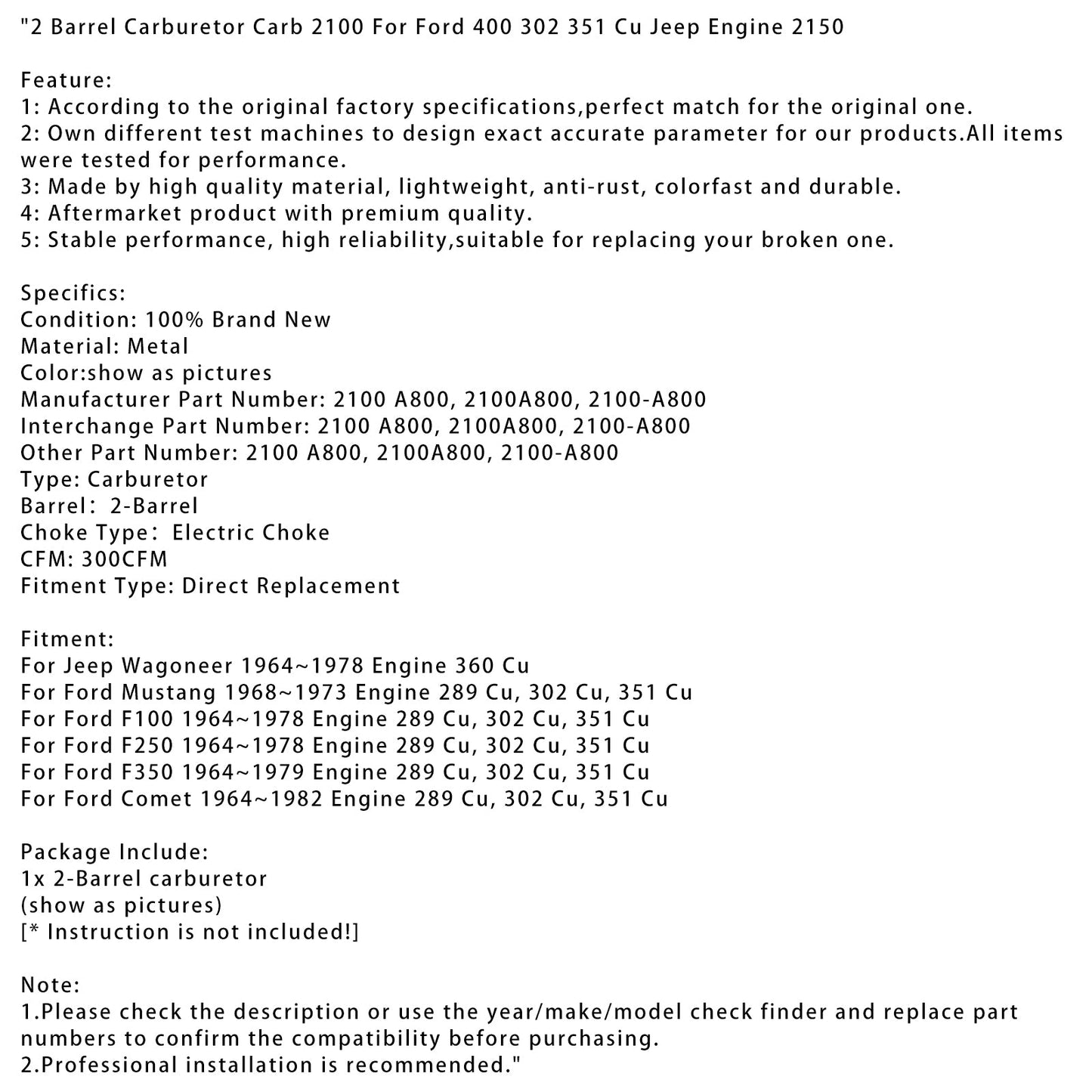 1964~1978 Ford F250 Engine 289 Cu, 302 Cu, 351 Cu 2 Barrel Carburetor Carb 2100 2100A800