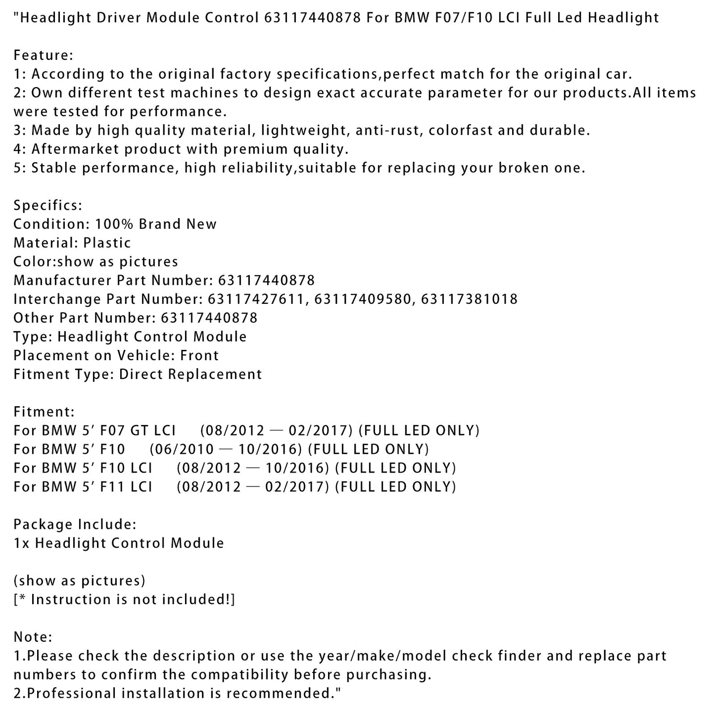08/2012-10/2016 BMW 5' F10 LCI (FULL LED ONLY) Headlight Driver Module Control 63117440878