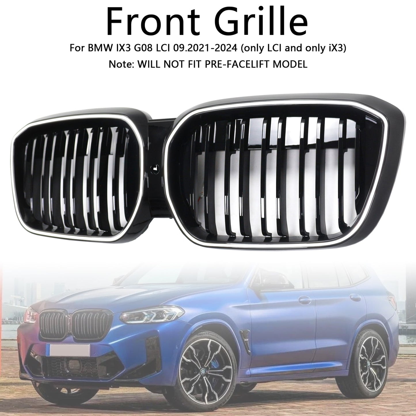 2022-2024 BMW IX3 G08 LCI Double Slat Black Front Kidney Grill Grille