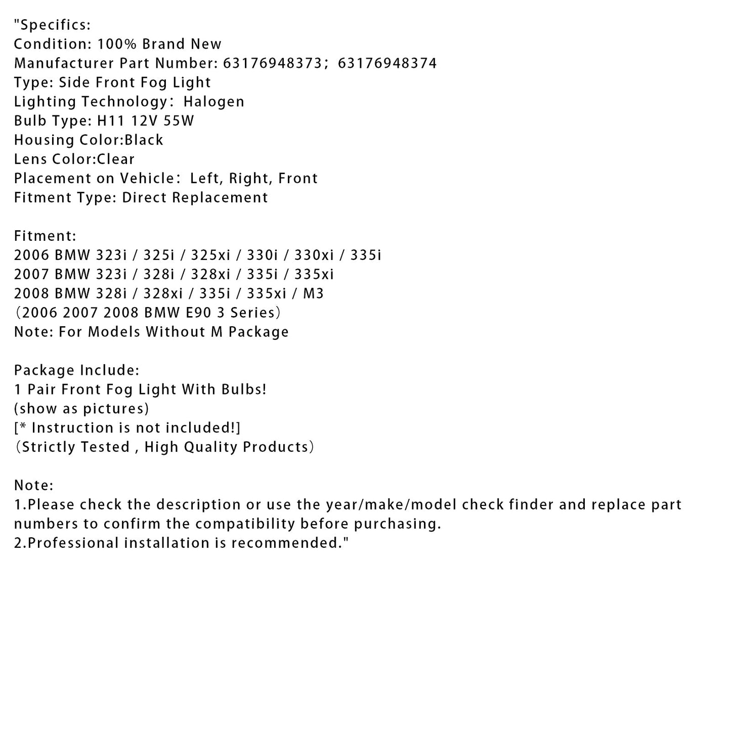 Pair Front Fog Light Lamps With Bulbs For BMW E90 3-Serise 2006-2008