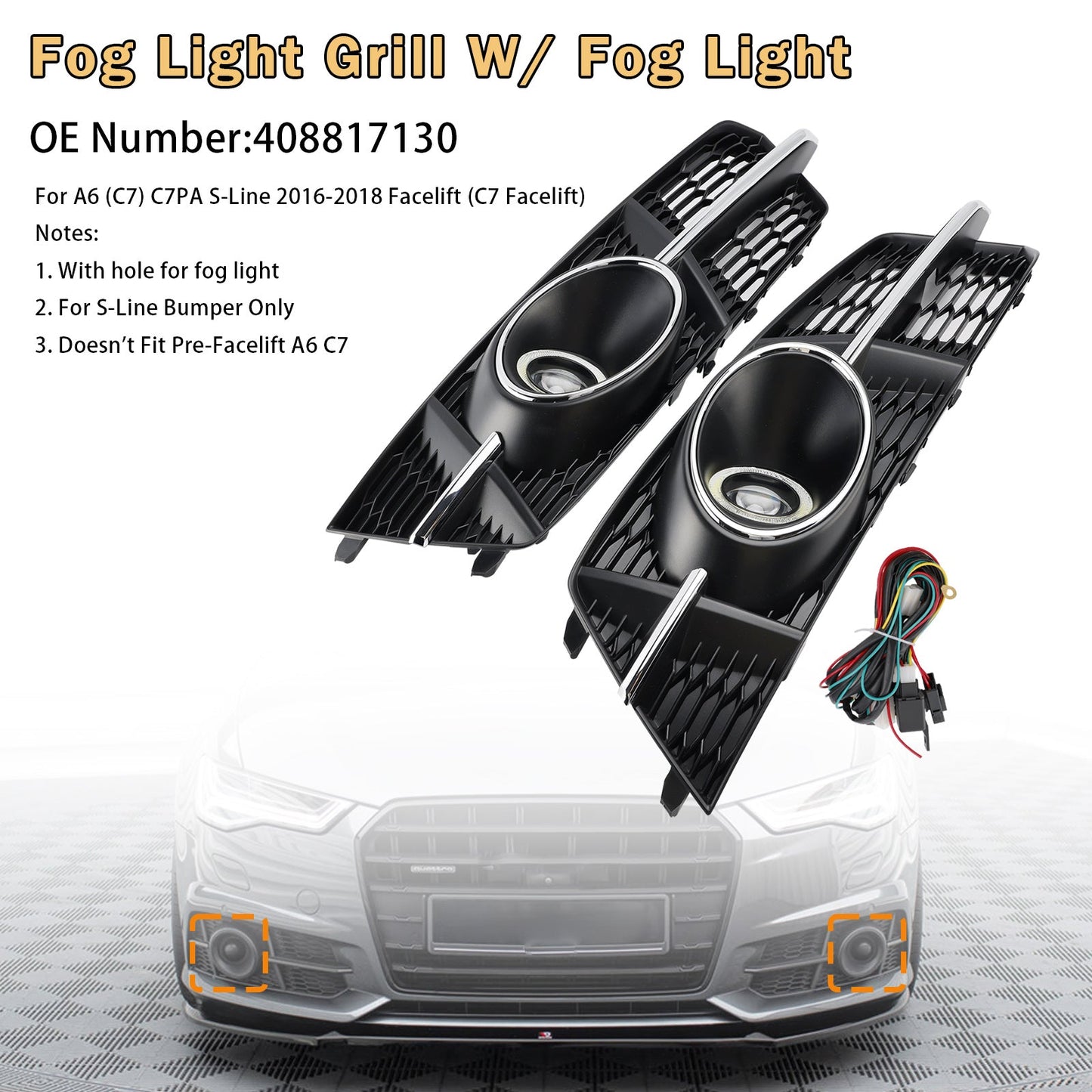2016-2018 Audi A6 S6 Sline Fog Light Grill Cover Lamp Grille W/ Fog Light