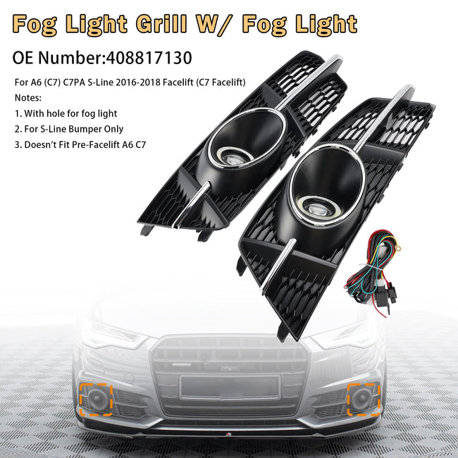 2016-2018 Audi A6 S6 Sline Fog Light Grill Cover Lamp Grille W/ Fog Light