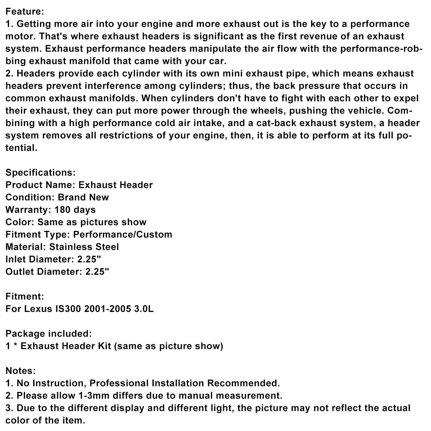 Stainless Steel Exhaust Manifold Header Fit Lexus IS300 2001-2005 3.0L Black