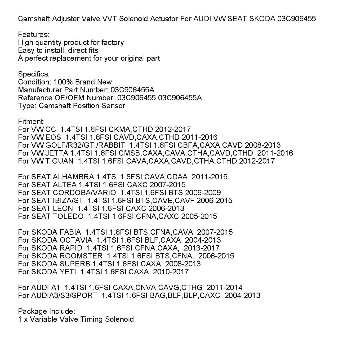 Camshaft Adjuster Valve VVT Solenoid Actuator For VW SEAT SKODA 03C906455