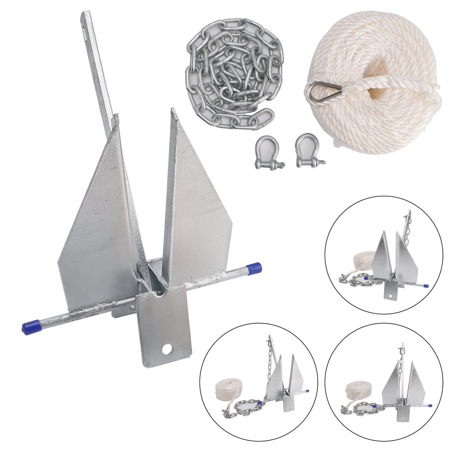 Kit Galvanized Boat Anchor 13Lbs Sliding Anchor & Chain & Rope Silver For Boat 13lbs