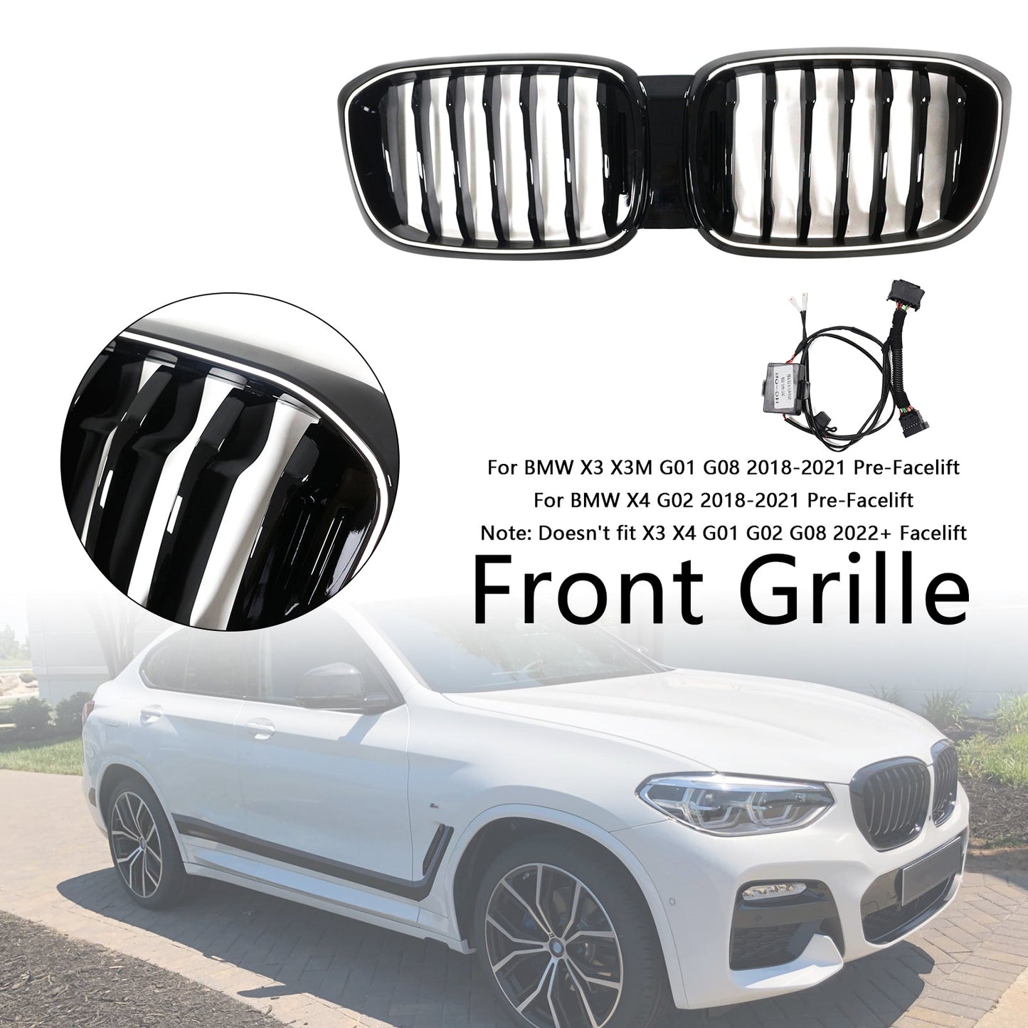 2018-2021 BMW X4 G02 Pre-Facelift Gloss Black Front Kidney Mesh Grill Grille 51138469959 51138469960