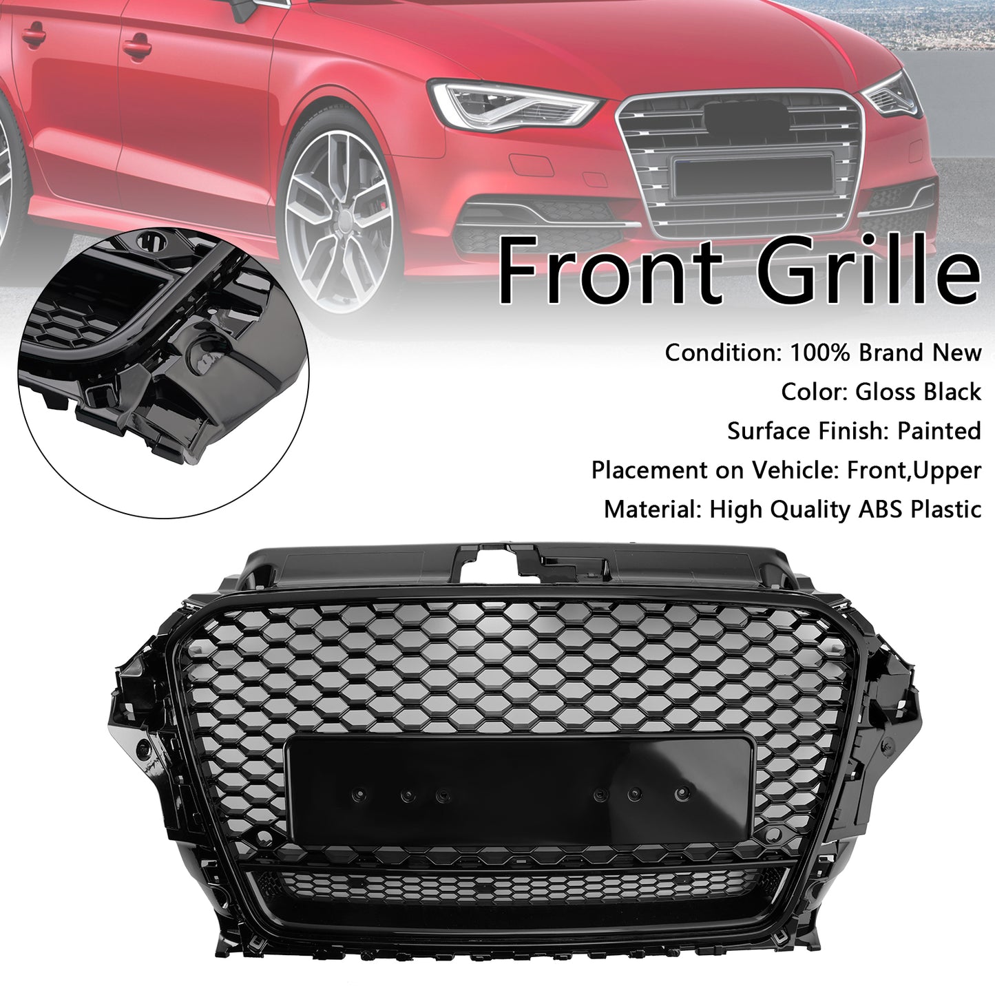 RS3 Style Front Henycomb Bumper Grill Grille Fit Audi A3 S3 2013-2016