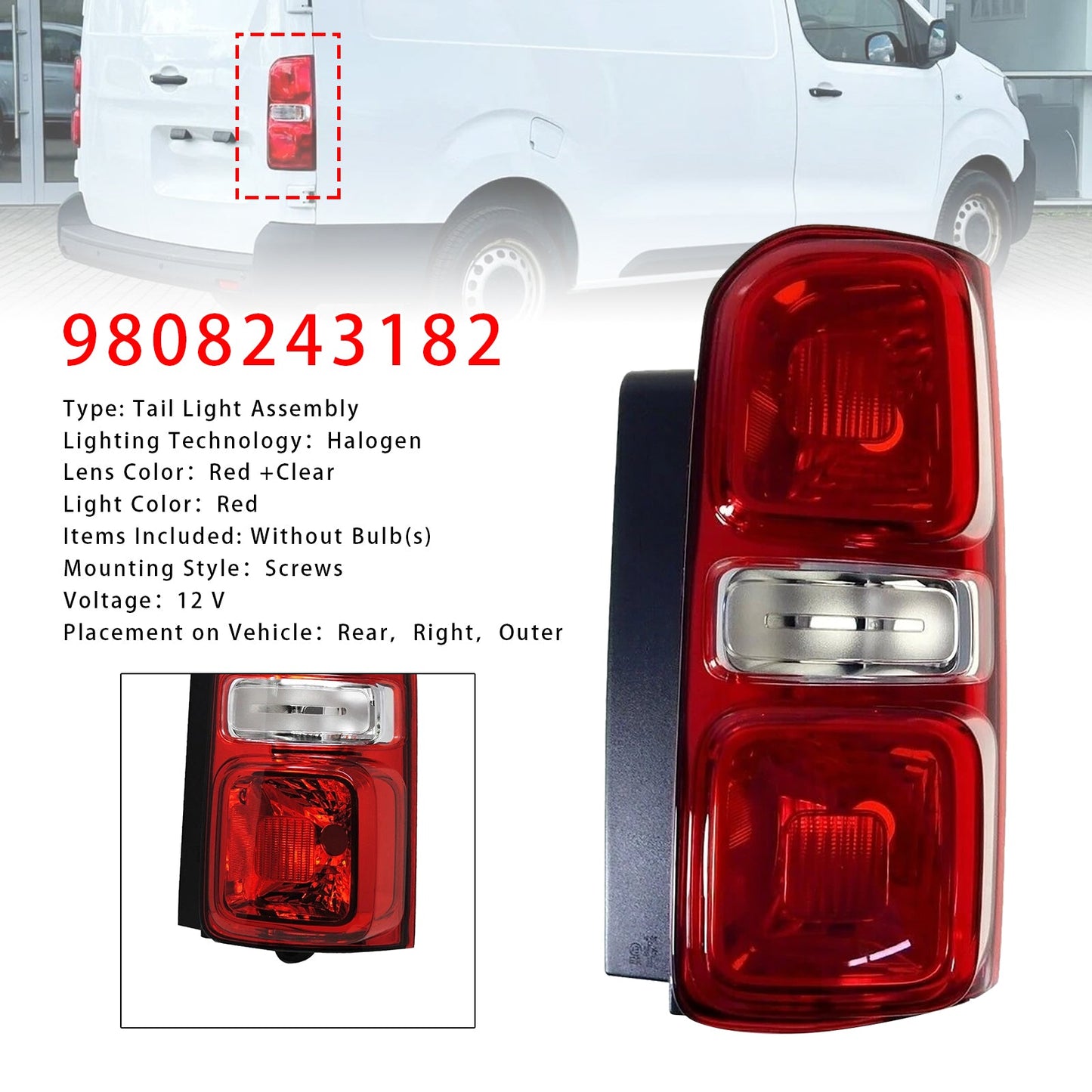 2019- 2021 Vauxhall Vivaro Right Rear Tail Light Halogen 9808243180 9808243180 9808243182