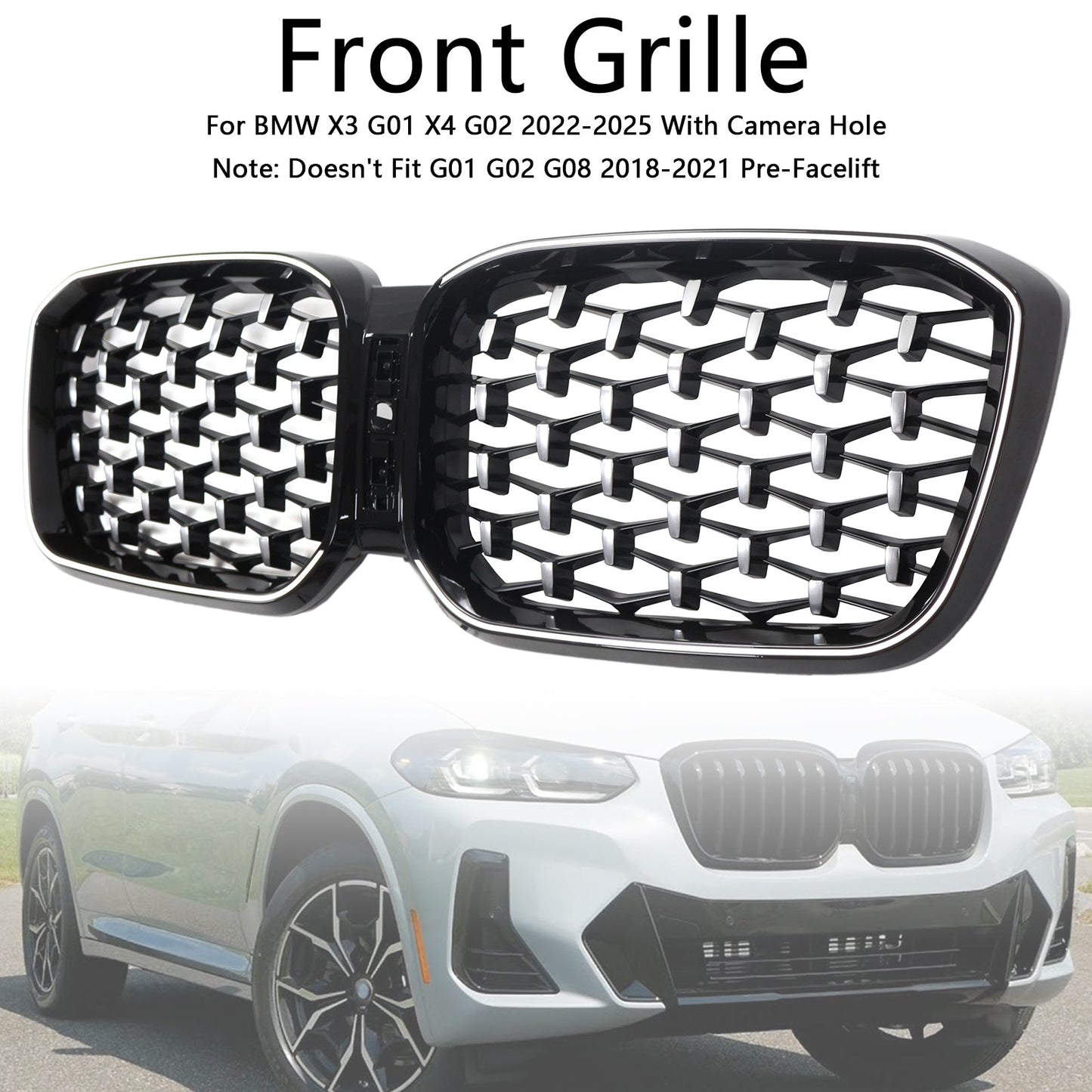 2022-2025 BMW X3 G01 X4 G02 Diamond Front Bumper Kidney Grille Chorme