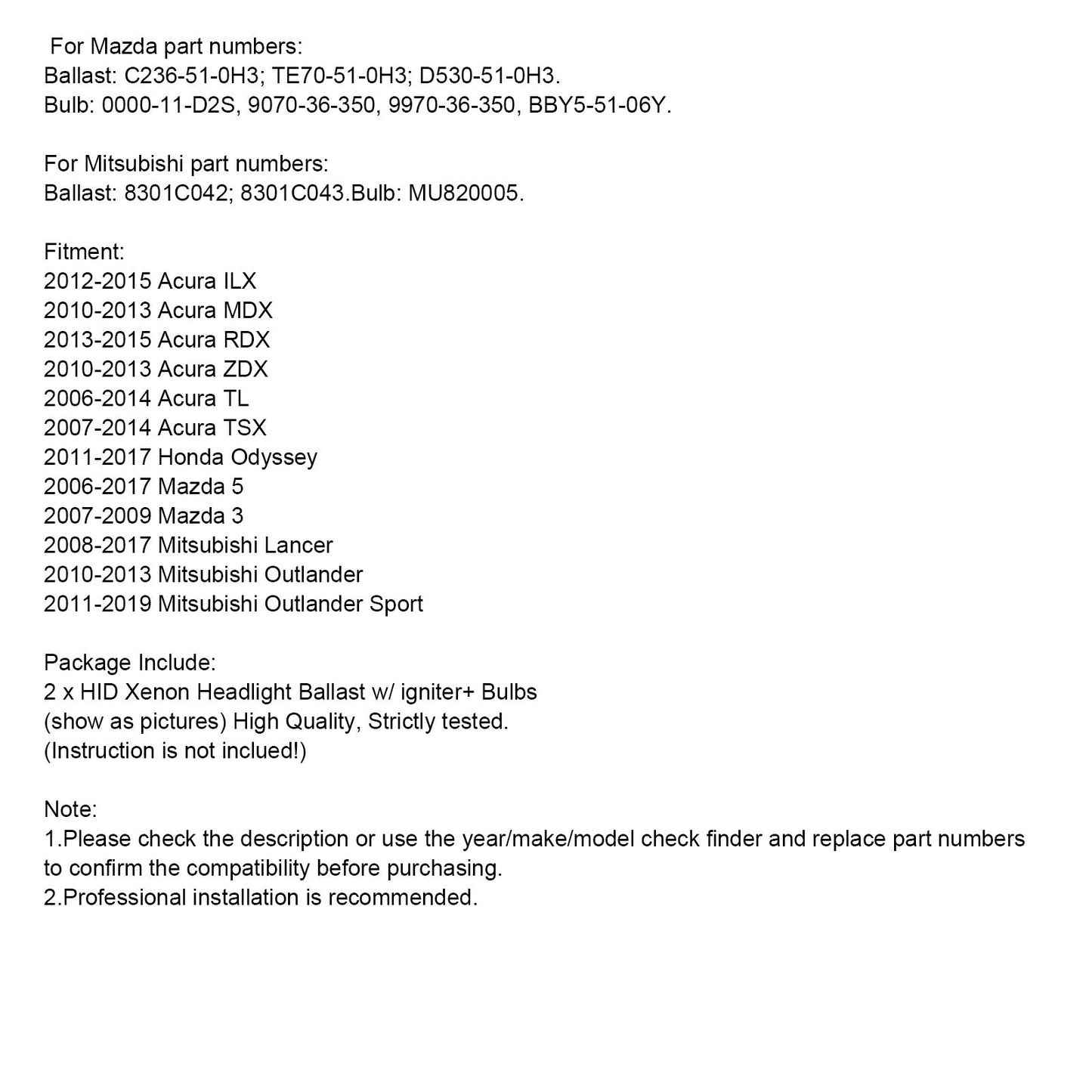 2010-2013 Acura ZDX XENON HID Headlight Ballast & Igniter & D2 33119TA0003 Bulb 2Pcs