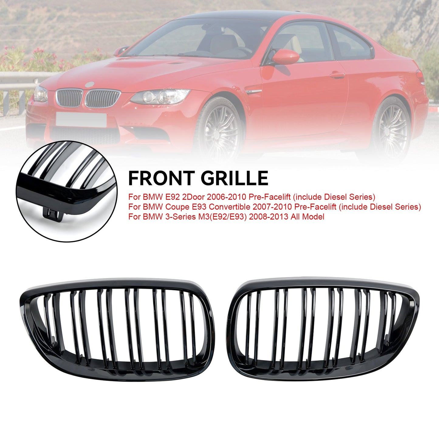 2008-2013 BMW 3-Series M3(E92/E93) Gloss Black Front Kidney Grill Grille