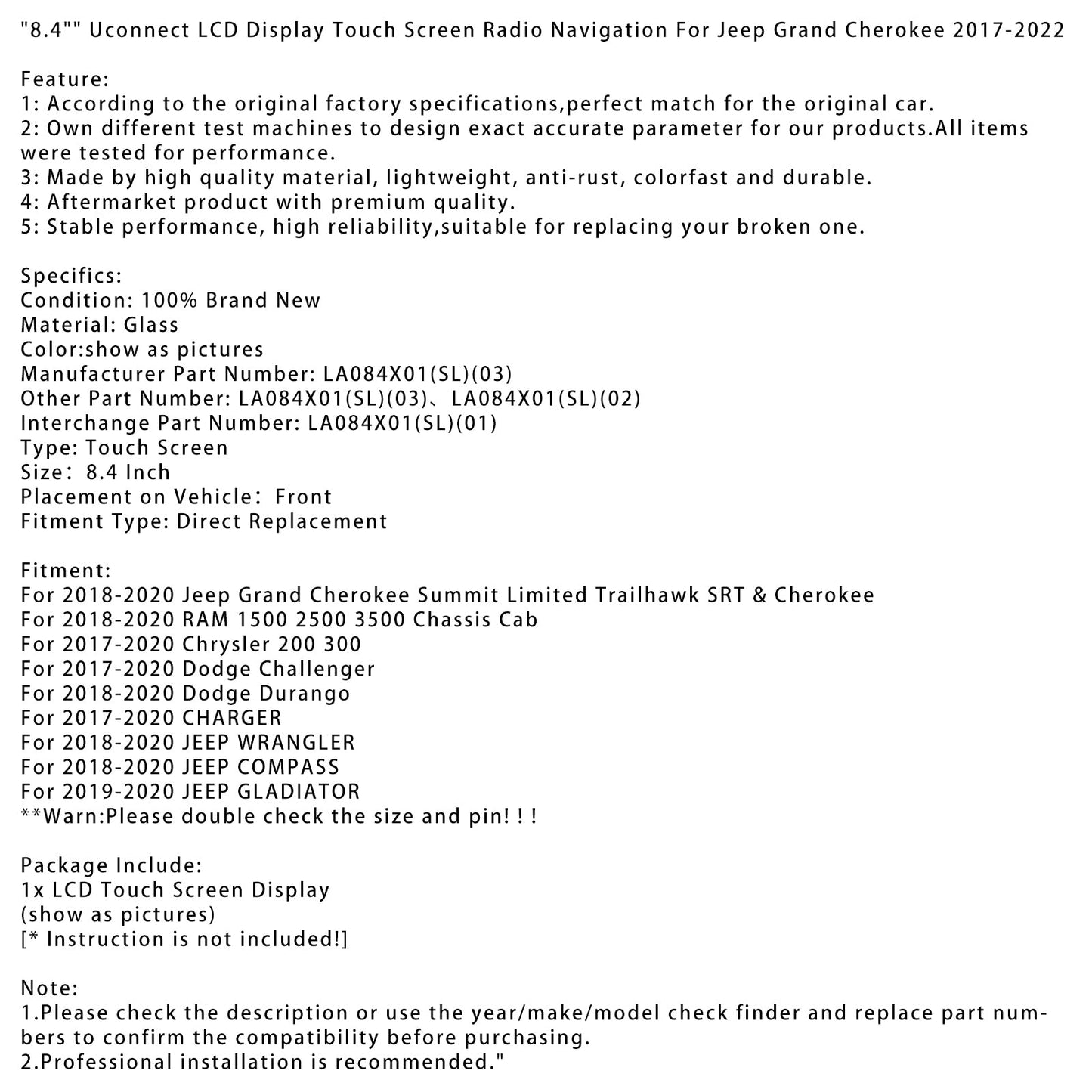 2017-2020 Chrysler 200 300 8.4" Uconnect LCD Display Touch Screen LA084X01