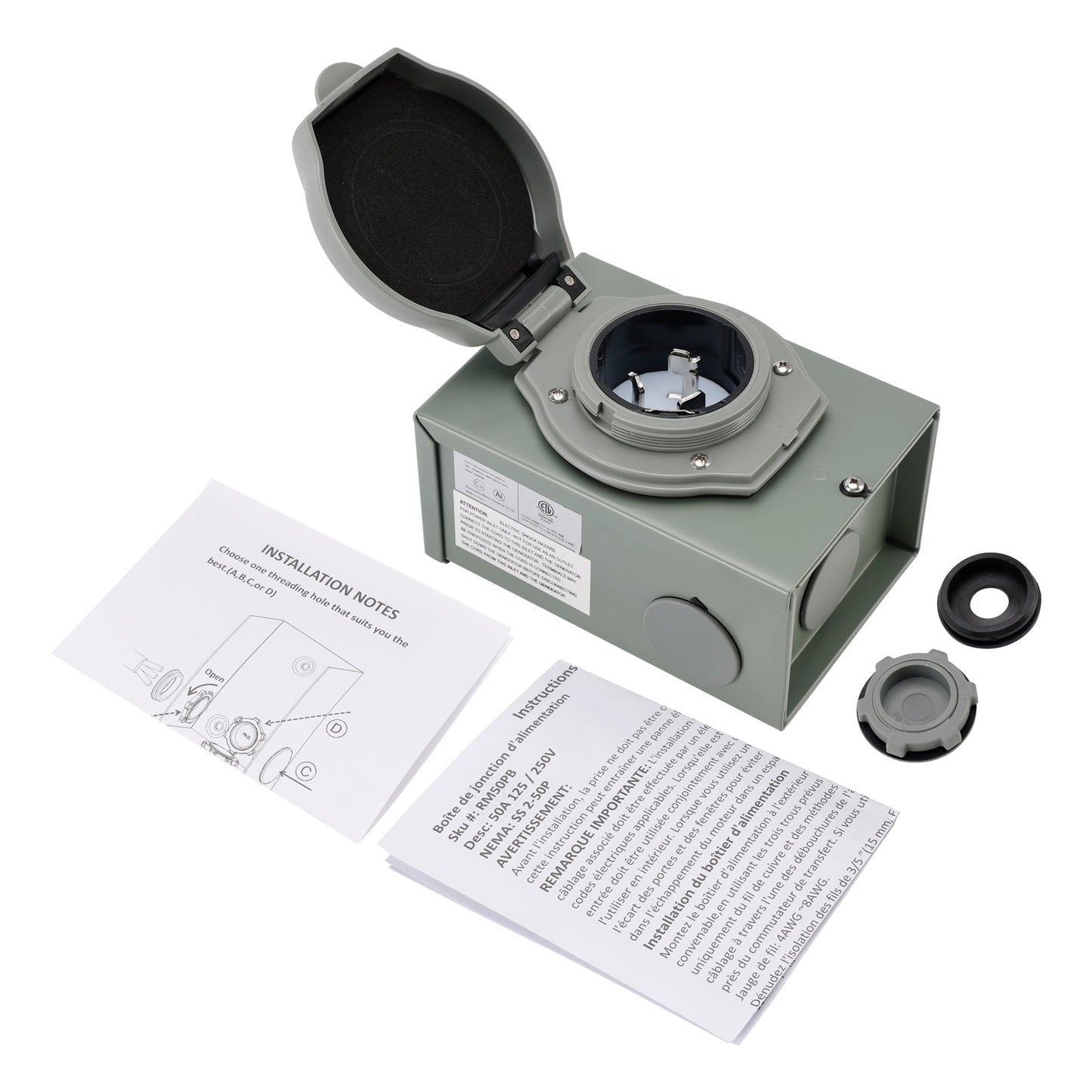 50Amp RV Generator Inlet Box NEMA SS2-50P Power Inlet Box 125/250V