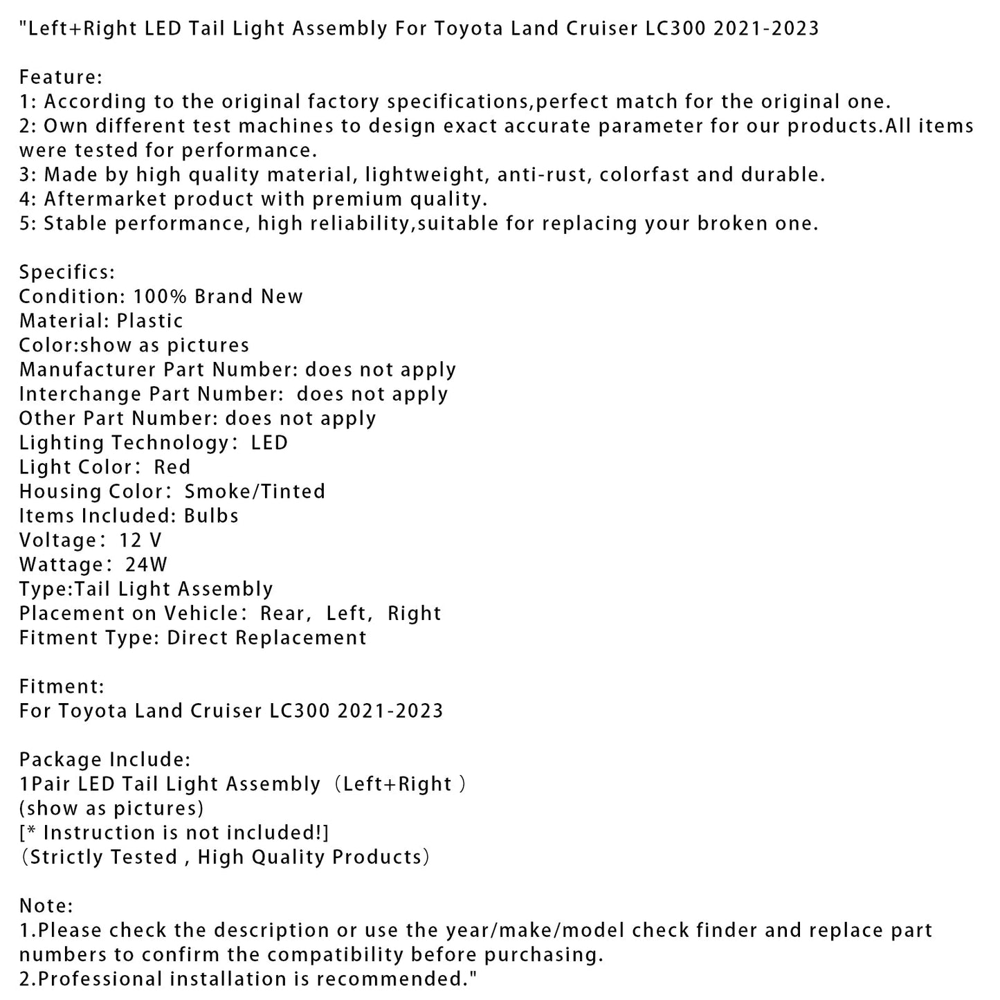 2021-2023 Toyota Land Cruiser LC300 Left+Right LED Tail Light Assembly