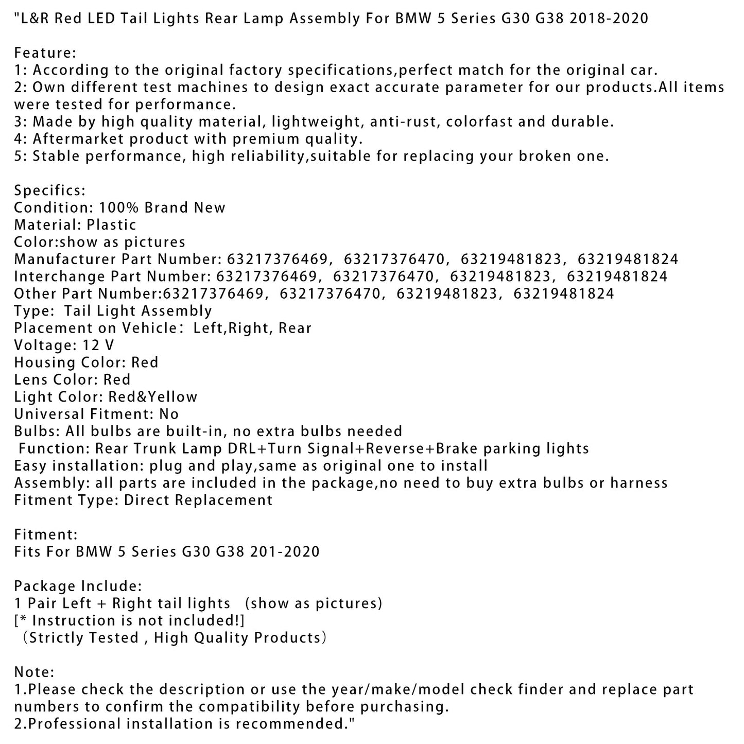 2018-2020 BMW 5 Series G30 G38 L&R Red LED Tail Lights Rear Lamp Assembly