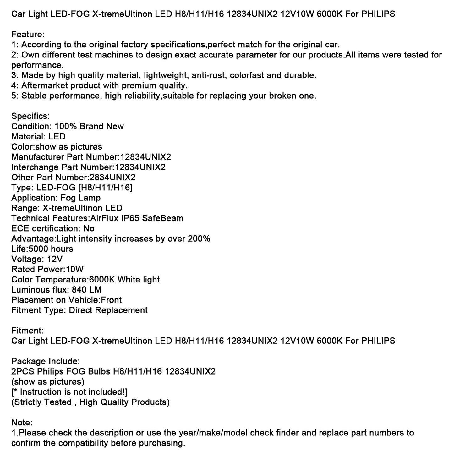 Car Light LED-FOG X-tremeUltinon LED H8/H11/H16 12834UNIX2 12V10W For PHILIPS