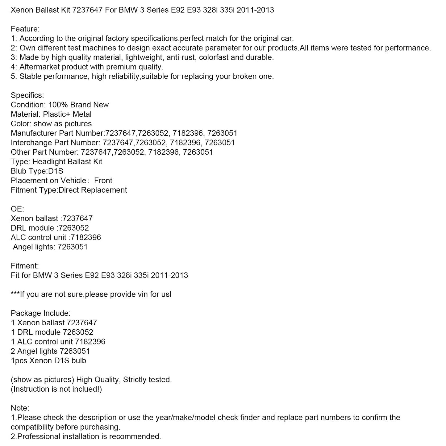 2011-2013 BMW 3 Series E92 E93 328i 335i Xenon Ballast Kit 7237647
