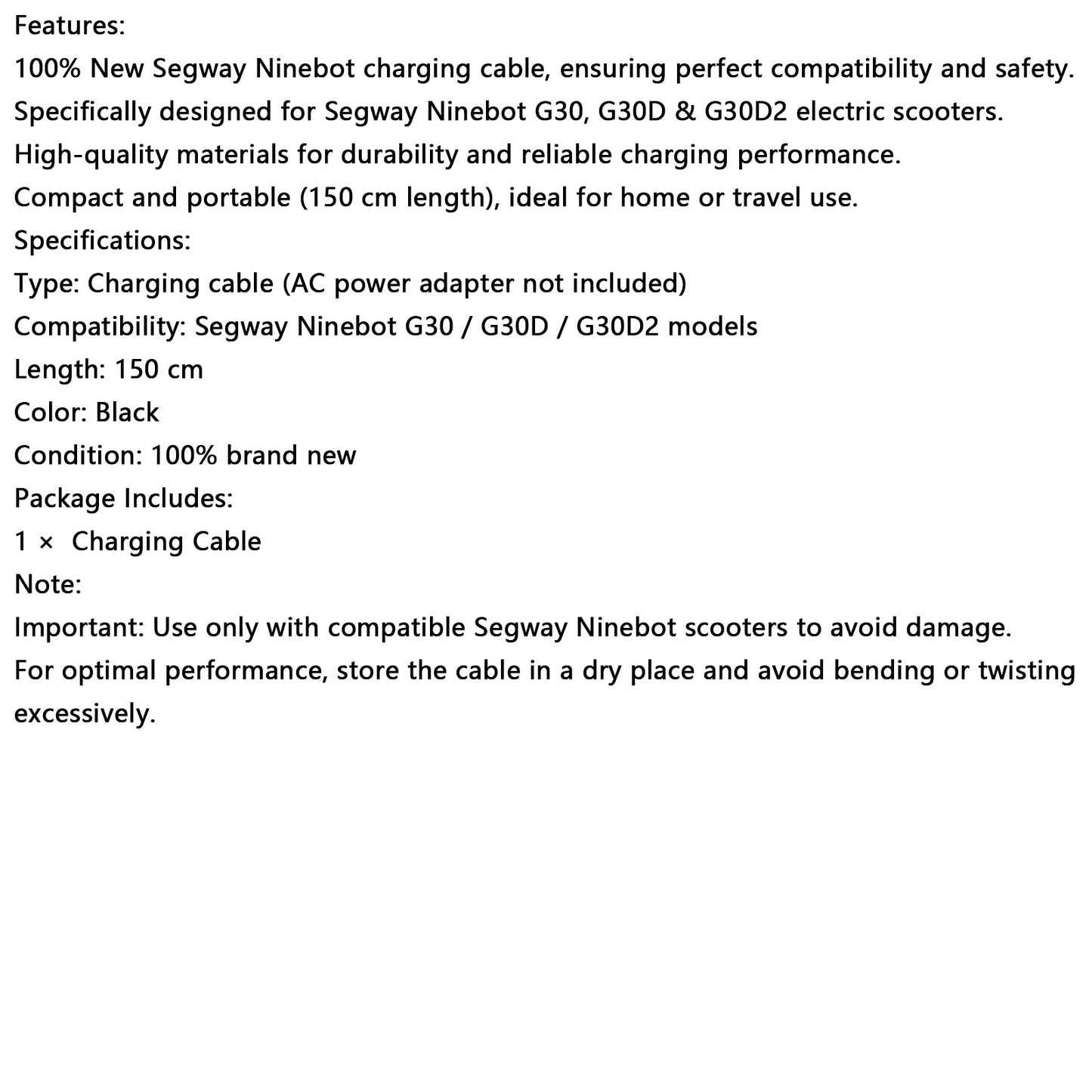 Charging Cable for Segway Ninebot MAX Electric Scooter G2/G30/G30P/P65/P100S