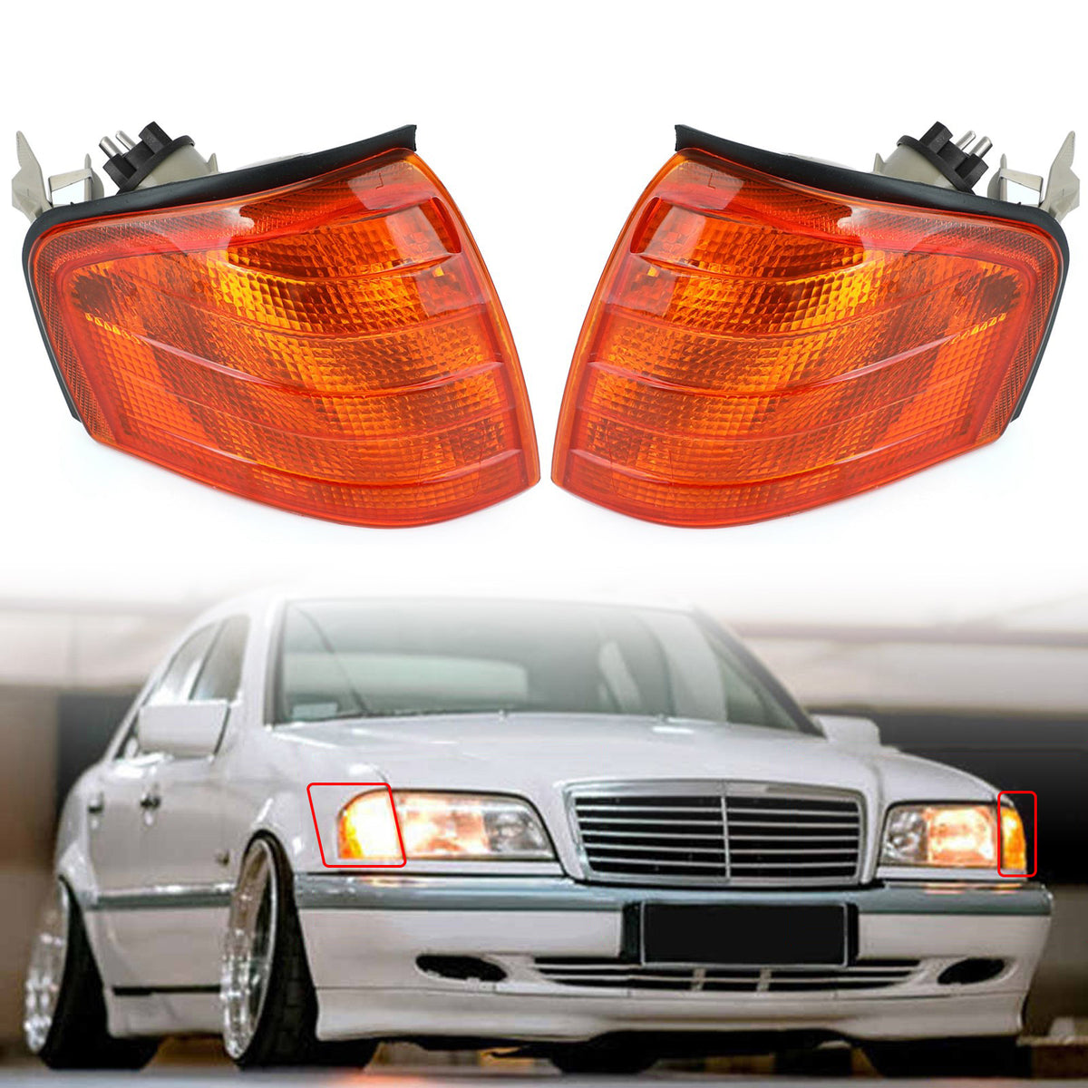 Pair Corner Lights Turn Signal Lamps Fits Mercedes Benz C Class W202 1994-2000 Y