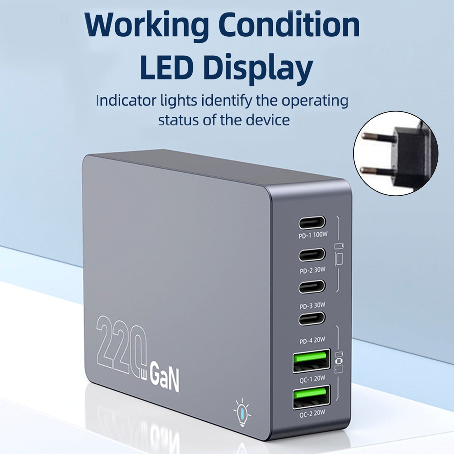 F8A Desktop Charging Station USB 6-Port Fast Charger PD100W Charging Stand Smart Charger EU Plug